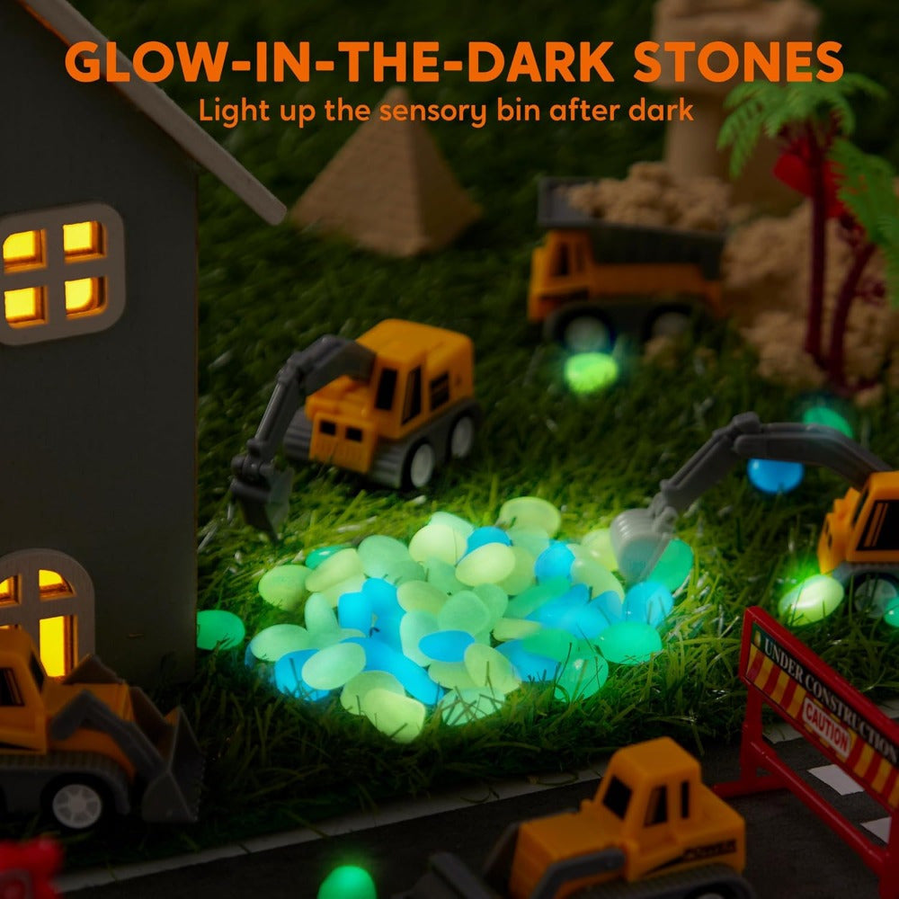 DIY Construction Sensory Bin for Toddlers with Glow in The Dark Stones Sandbox with Lid Castle Building Kit Preschool Learning Activities Gifts for Boys and Girls Age 3 and Up