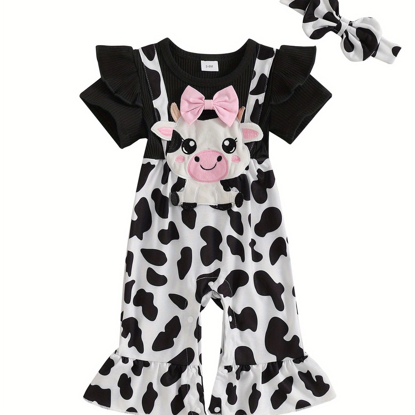 Baby Girl 2pcs Spring Outfit Short Sleeve Round Neck Cow Embroidery Jumpsuit with Headband Set Newborn Clothes for Outdoor
