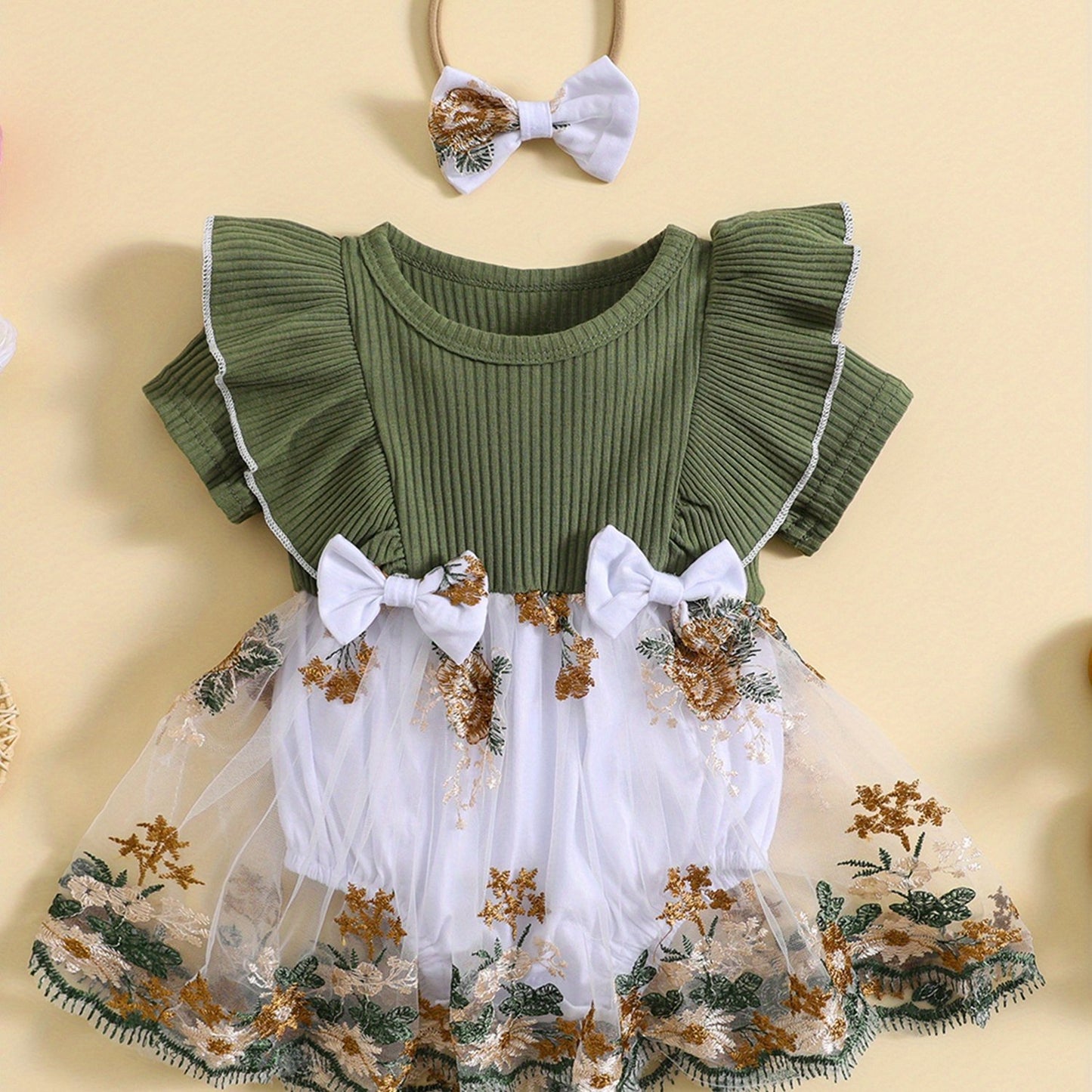 Infant Baby Girls Flower Embroidery Knit Rib Ruffle Romper Dress Summer Bodysuit with Bow Headband for Outdoor Use
