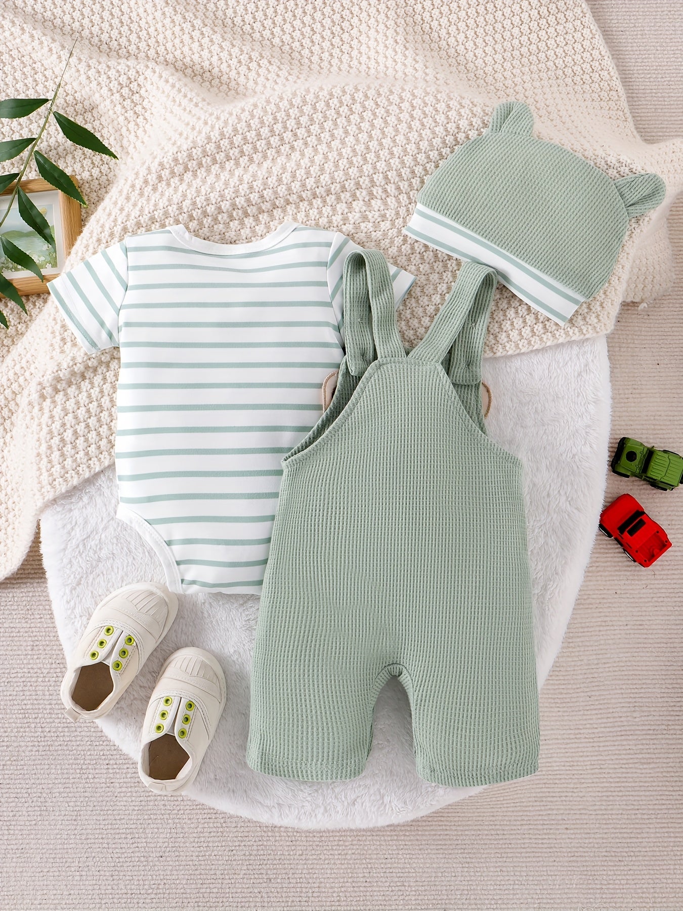 Baby Boy Clothes Short Sleeved Cute Cartoon Romper Shorts And Hat Overalls Suspender Set For Boys 0 To 18 Months Outdoor Use