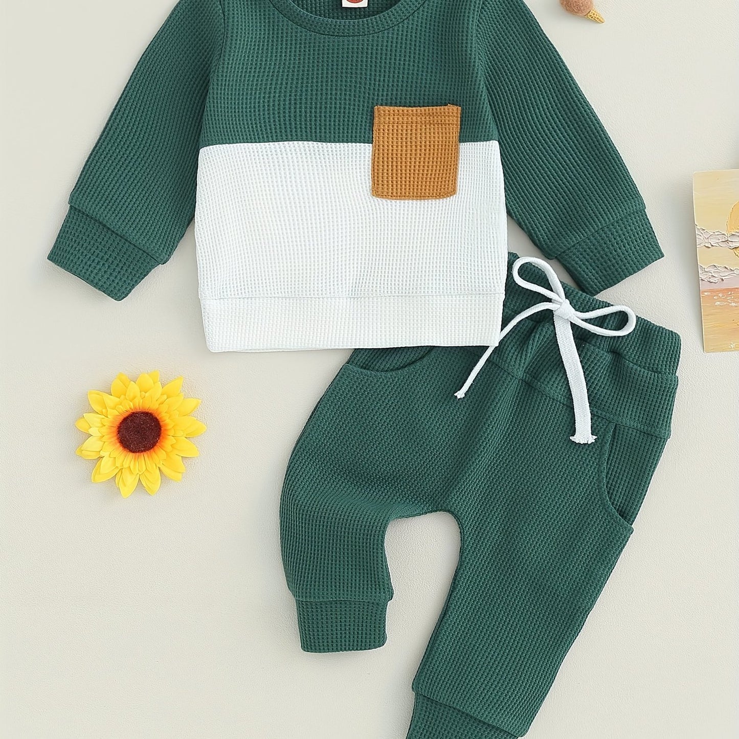 Toddler Baby Boys Pants Set, Long Sleeve Crew Neck Contrast Color Sweatshirt Elastic Waist Sweatpants Infant Clothes