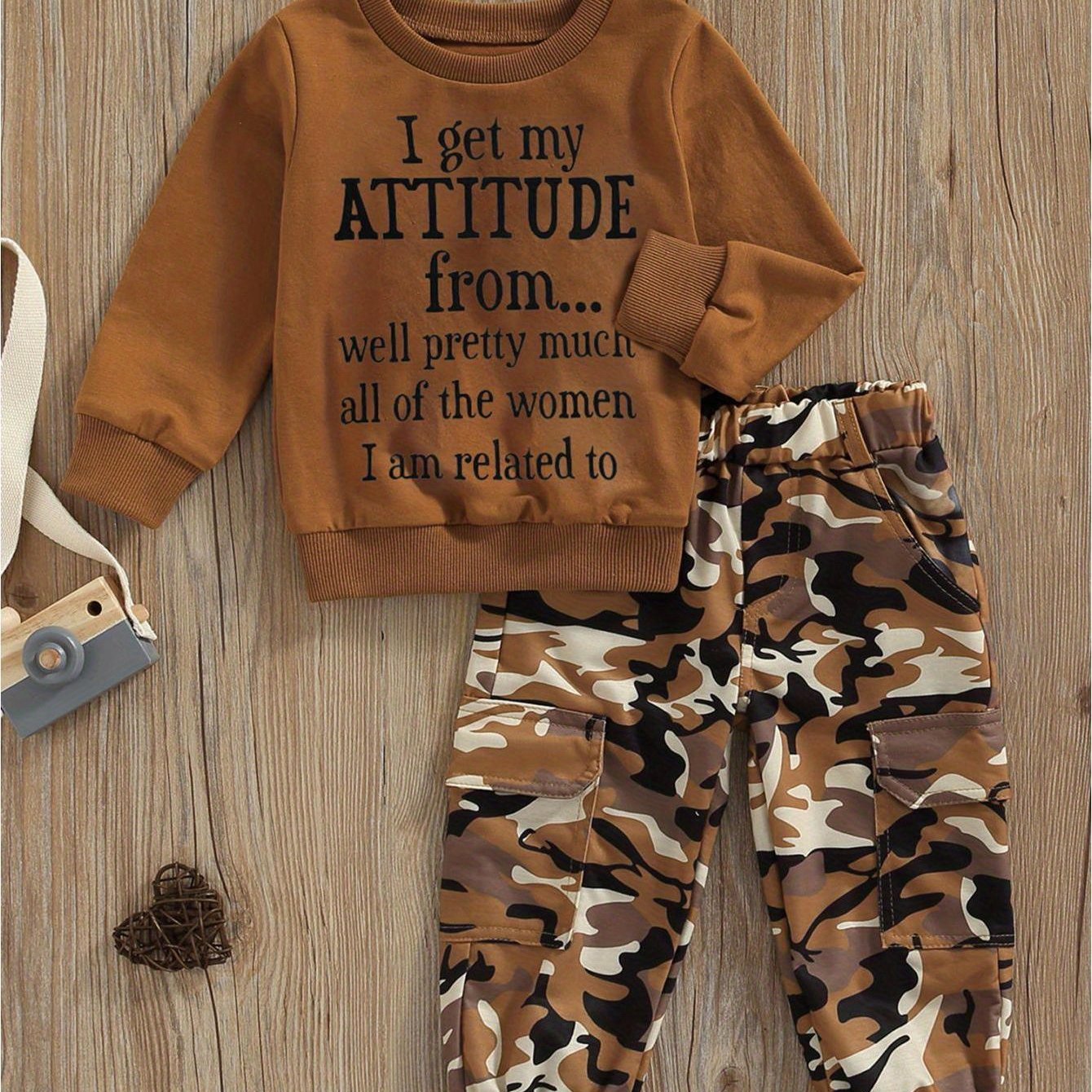 Toddler Baby Girls Fall Clothes Letter Print Long Sleeve Sweatshirt and Stretch Camouflage Pants Set 2pcs Outfit, for Outdoor