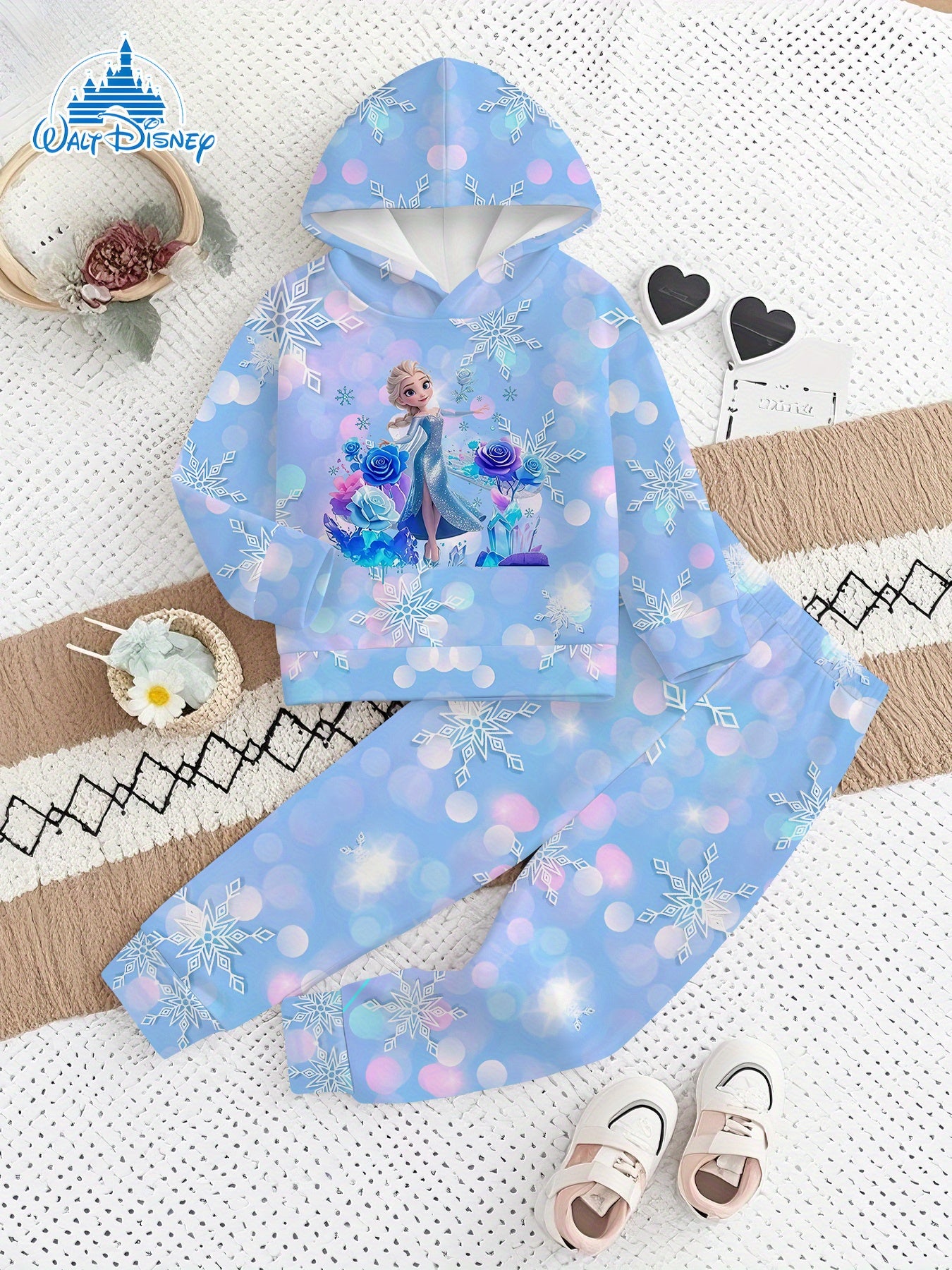 2- Piece Girls' Set with Disney Frozen Elsa Magical Snow- themed Digital Print Design, Long- sleeve Hoodie and Sweatpants Set, a Clothing Gift Suitable for Children. of Comfortable Fabric, Suitable for Autumn and Winter, Casu