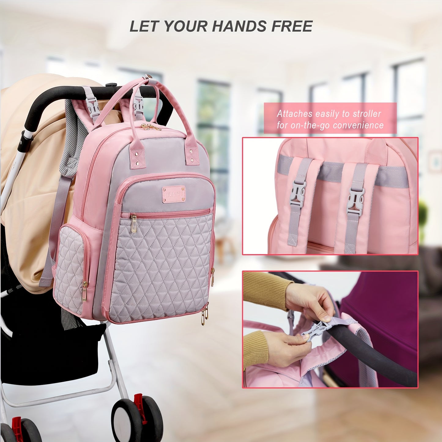 High Quality Pink Quilted Diaper Backpack with Zipper Pockets for Moms Hospital Bag Travel Essentials Stylish Casual Polyester Fabric