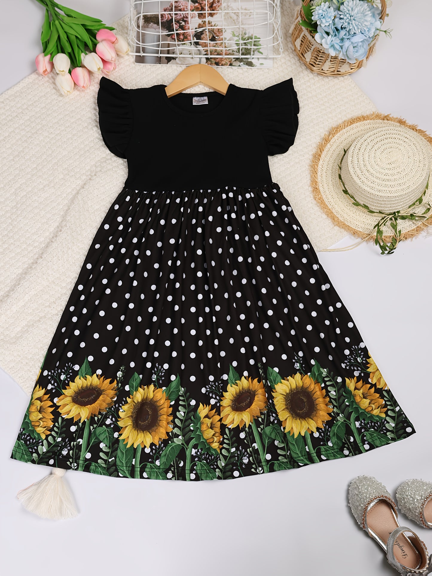 Girls Summer Sunflower Print Dress with Ruffled Sleeves Black and Yellow Floral Pattern Casual Crew Neck Mid Calf Length Fitted Top and Flared Skirt Breathable Polyester Machine Washable