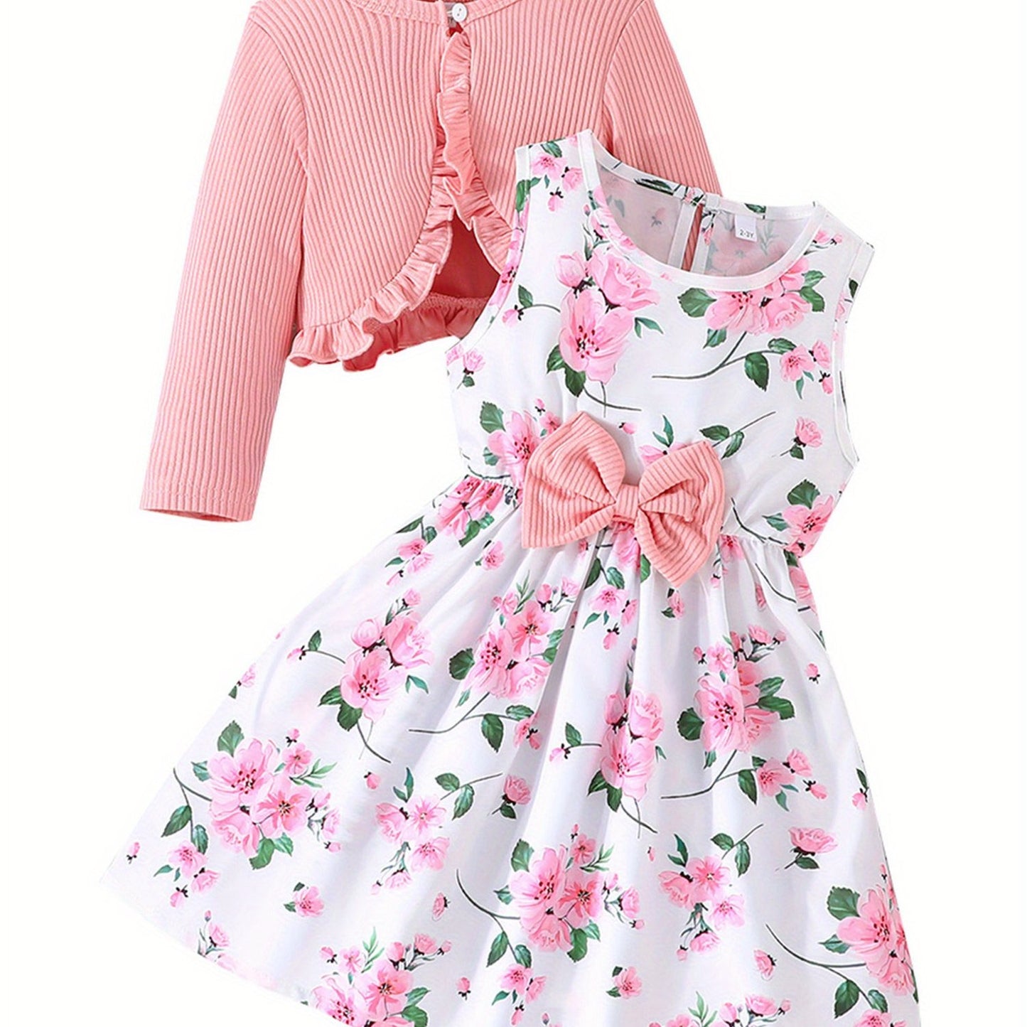 Girl Dress Set Floral Print Round Neck Bow A-Line Tank Dress with Ruffled Ribbed Cardigan