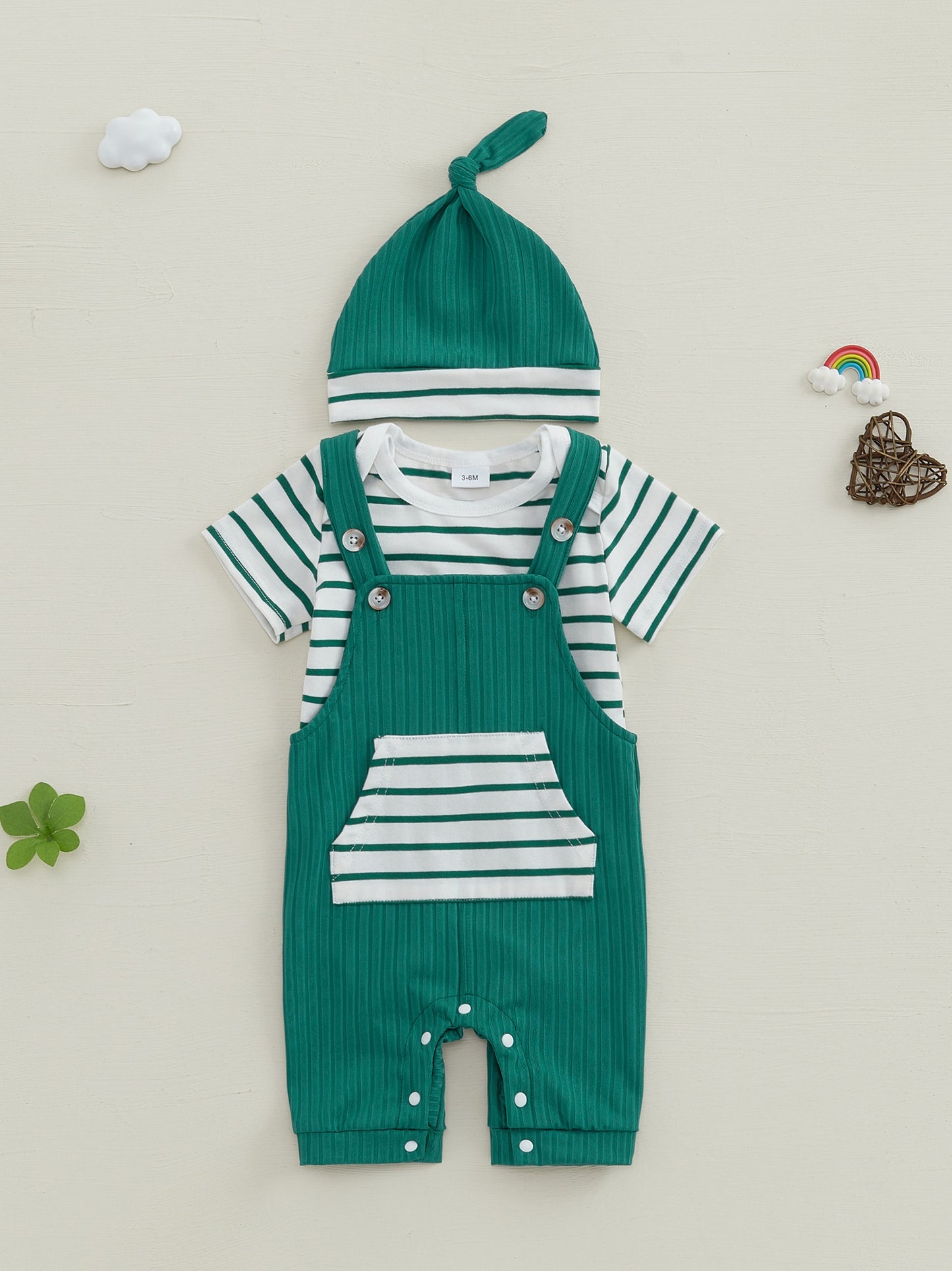 Baby Boys Summer Outfits Stripe Short Sleeve Rompers Suspender Pants Hat 3 Piece Clothes Set for Outdoor Activities