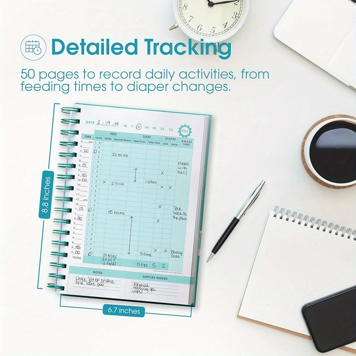 Pearhead Daily Log Book 50 Page Spiral Bound Tracker for Youngsters Nursing Sleep Feeding and Pumping Organizer with Photo Insert Teal Cover Gift for New Moms Durable Spiral