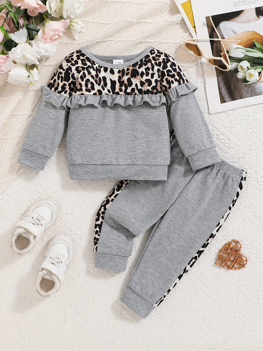 Girls Cozy Leopard Print Hoodie Set With Ruffle Sleeves