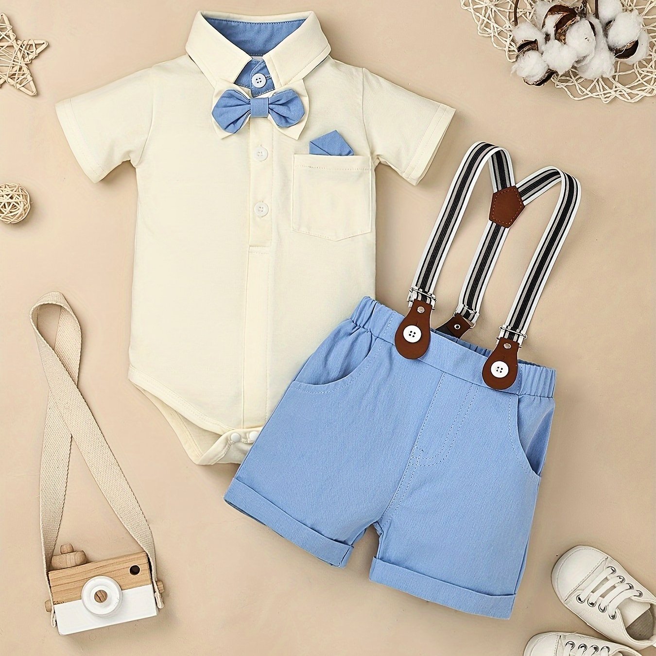 Baby Boy Clothes Infant Little Gentleman Romper Strap Pants Bowtie 3pcs Outfits 0-18 Months