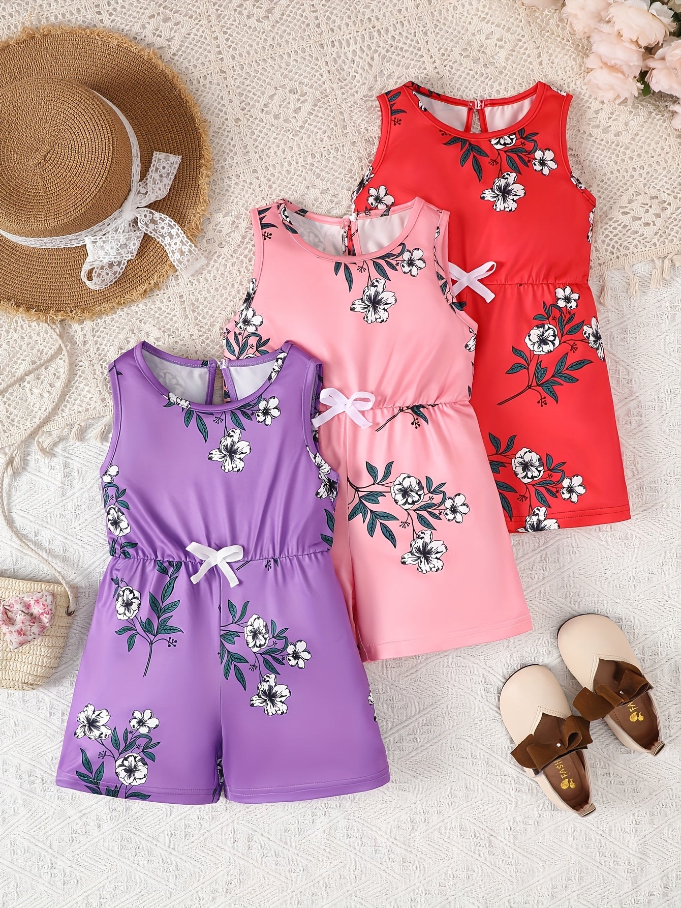 3pcs Girls Jumpsuits Summer Fashionable Casual Jumpsuits Perfect for Outdoor Activities