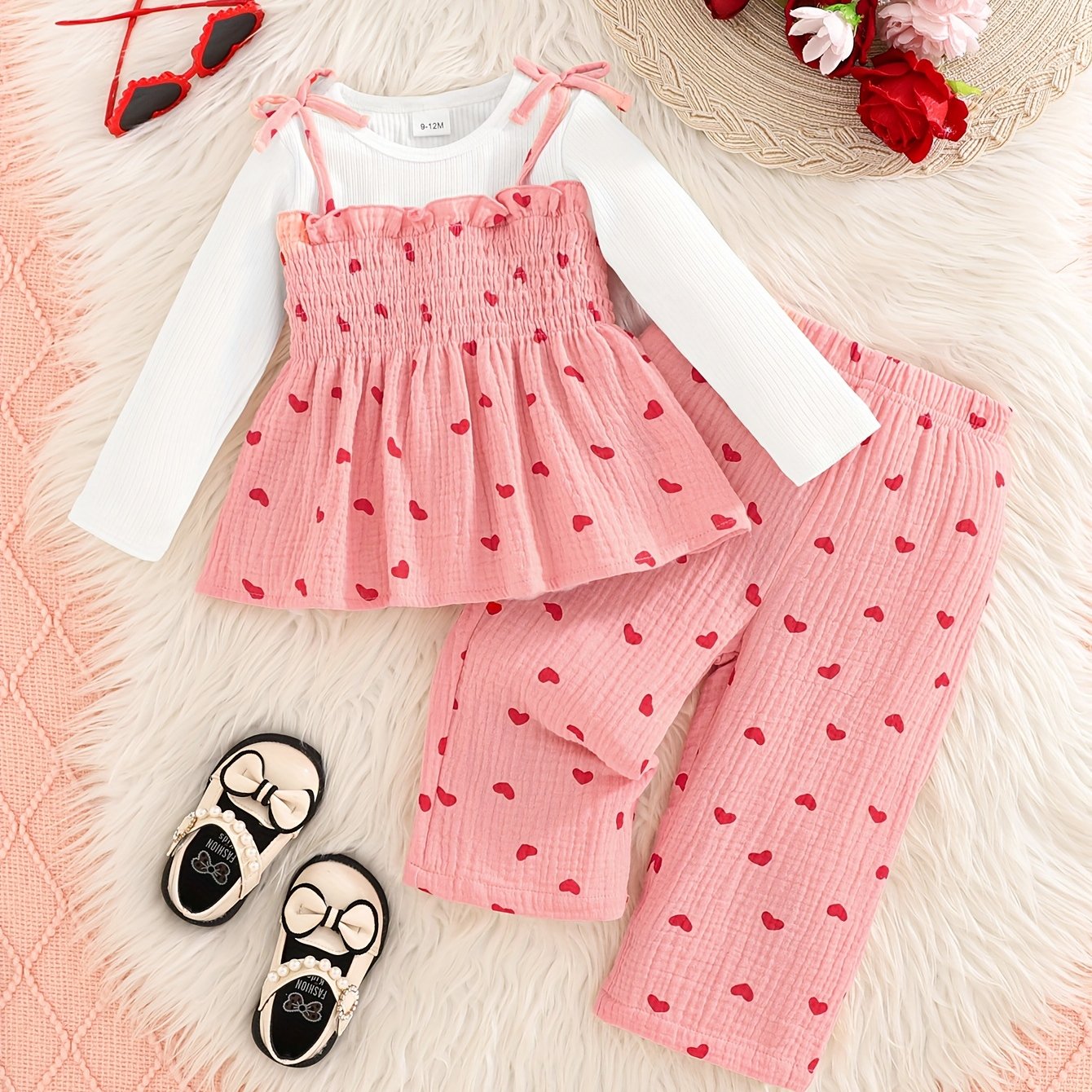 2 Piece Baby Girl Pink Heart Print Top And Pants Set