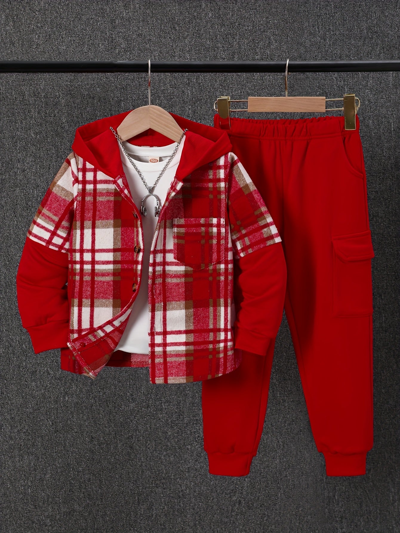 2pcs Fall And Winter Boys Long Sleeved Plaid Cardigan Suit Hooded Jacket And Fashion Work Pants