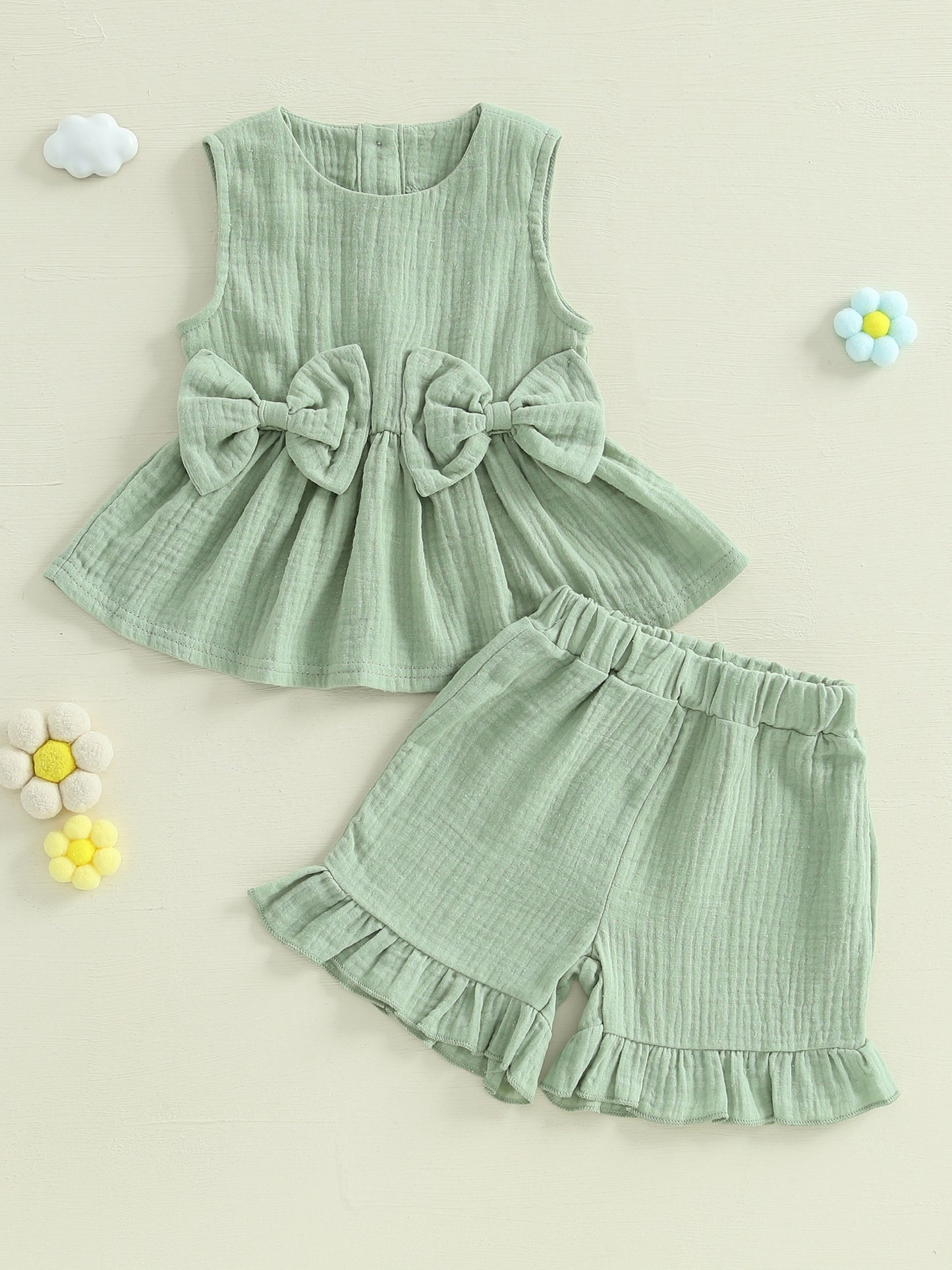 Toddler Girl Summer Clothes Solid Color Bow Round Neck Tank Tops and Elastic Waist Ruffled Shorts 2 Piece Set for Outdoor Activities