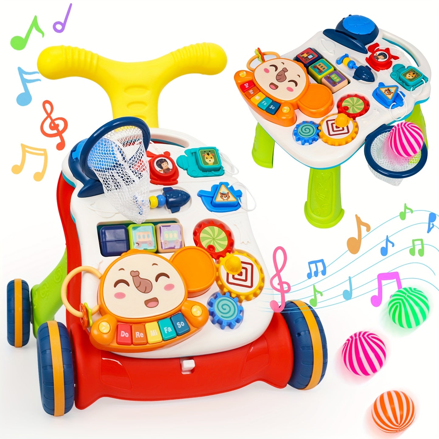 5 in 1 Baby Walker with Music Sit to Stand Early Learning Balance Bike Push Walker Movable Table Detachable Panel for Boys and Girls Ages 12 to 36 Months