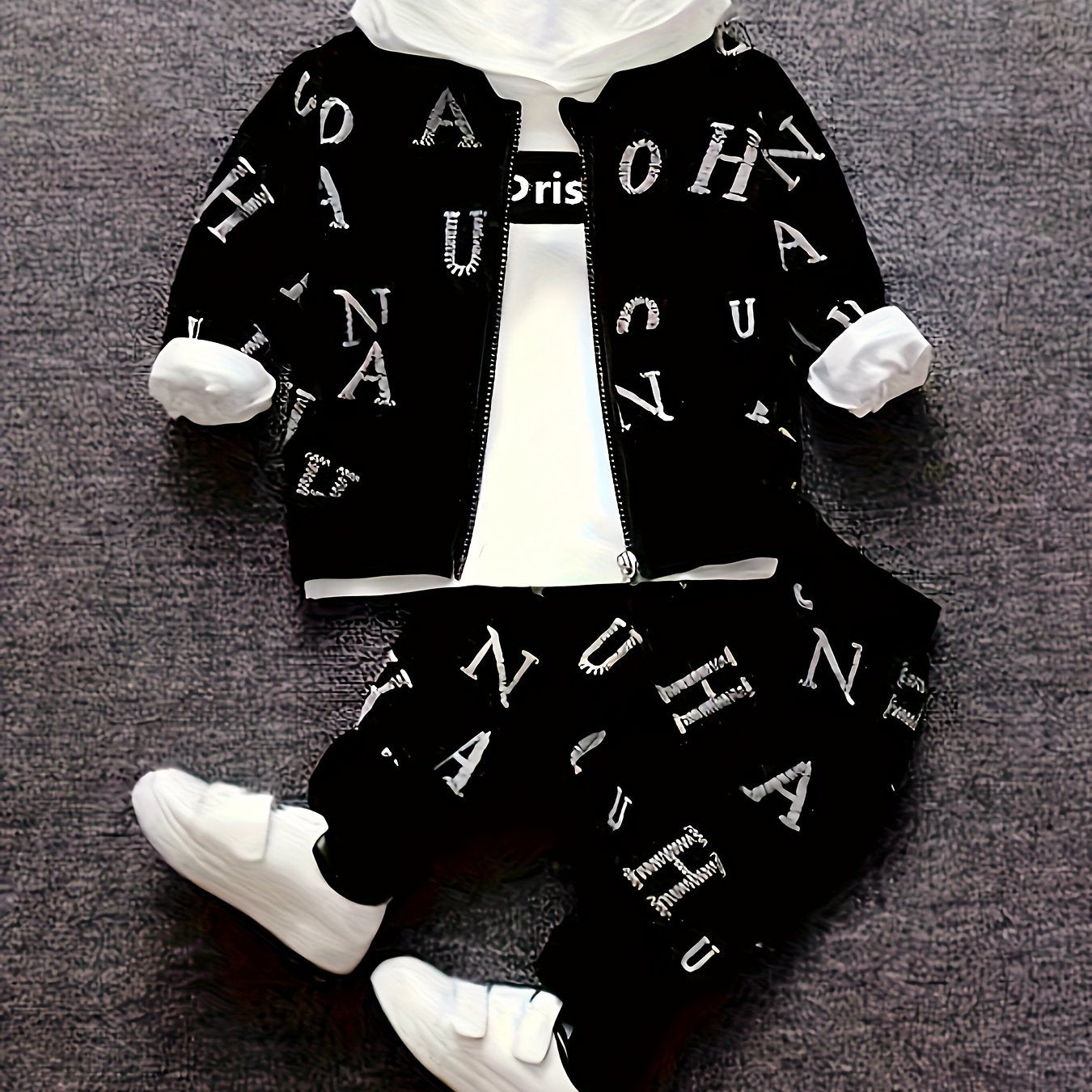 New Boys' Fashion In Spring Is Full Of Printed Letters, Long Sleeves And Hooded Three-piece Suit, And Boys' Casual Trousers Suit In Autumn.