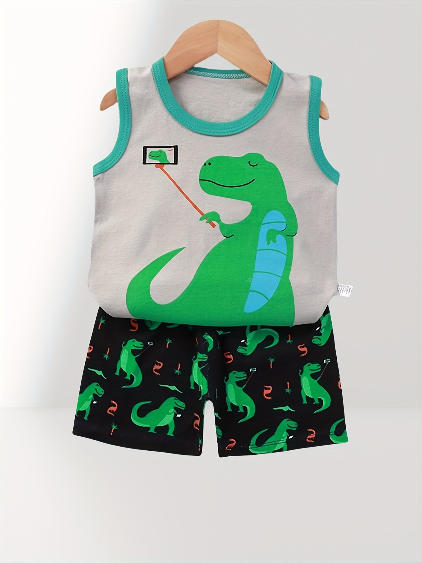 4 Sets Of 8pcs Boy Cartoon Tiger Dinosaur Shark Pattern Vest Shorts Suit Comfortable Soft Breathable For Summer Outdoor Sports