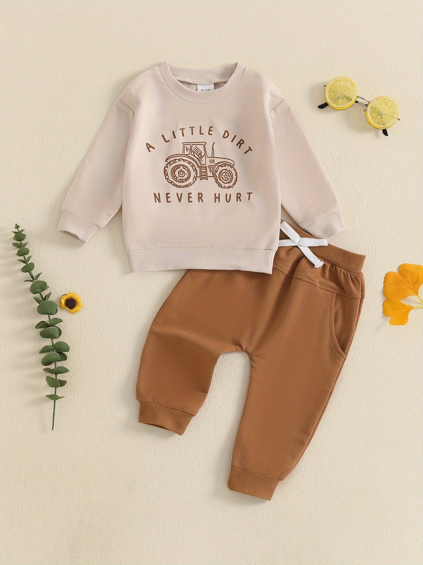 Cotton Blend Boys Outfit Set Tractor Print Sweatshirt Pants