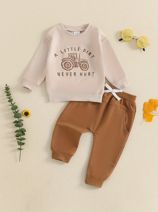 Cotton Blend Boys Outfit Set Tractor Print Sweatshirt Pants