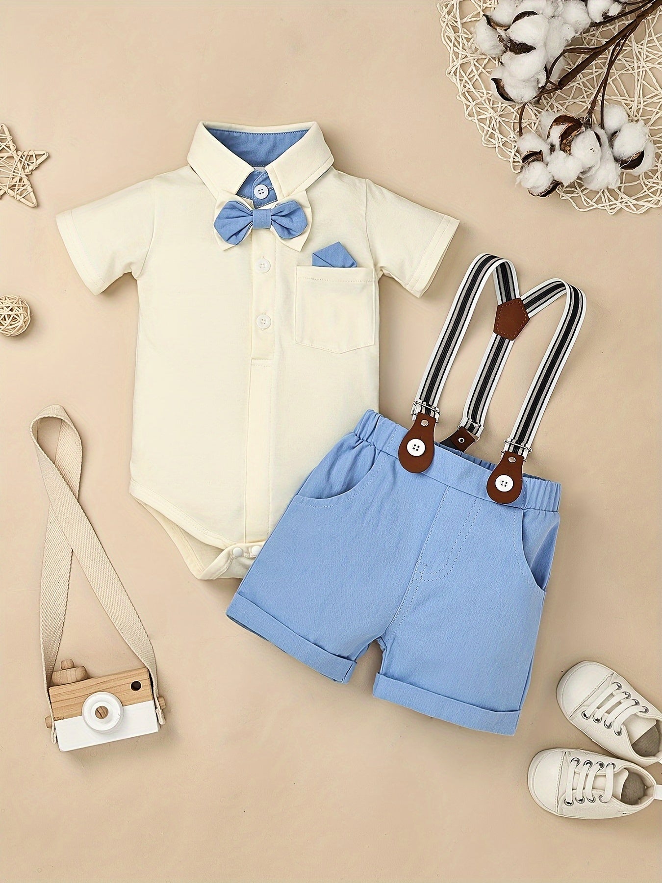 Baby Boy Clothes Infant Little Gentleman Romper Strap Pants Bowtie 3pcs Outfits 0-18 Months