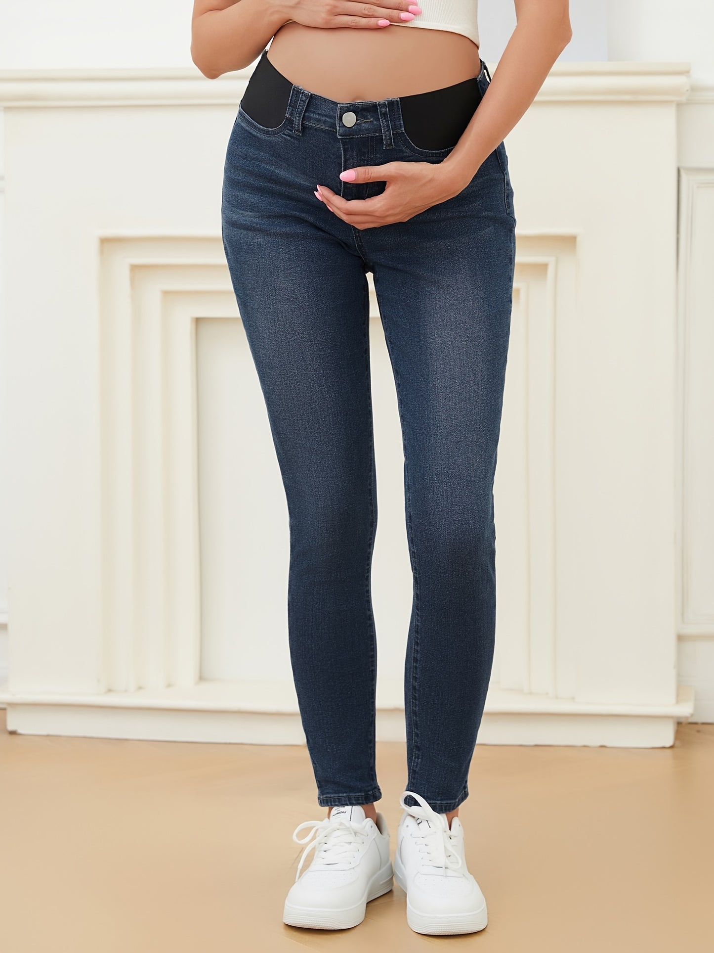 Stretchy Maternity Skinny Jeans Mid Rise Stretchy Denim Pants For Pregnancy And Postpartum Women