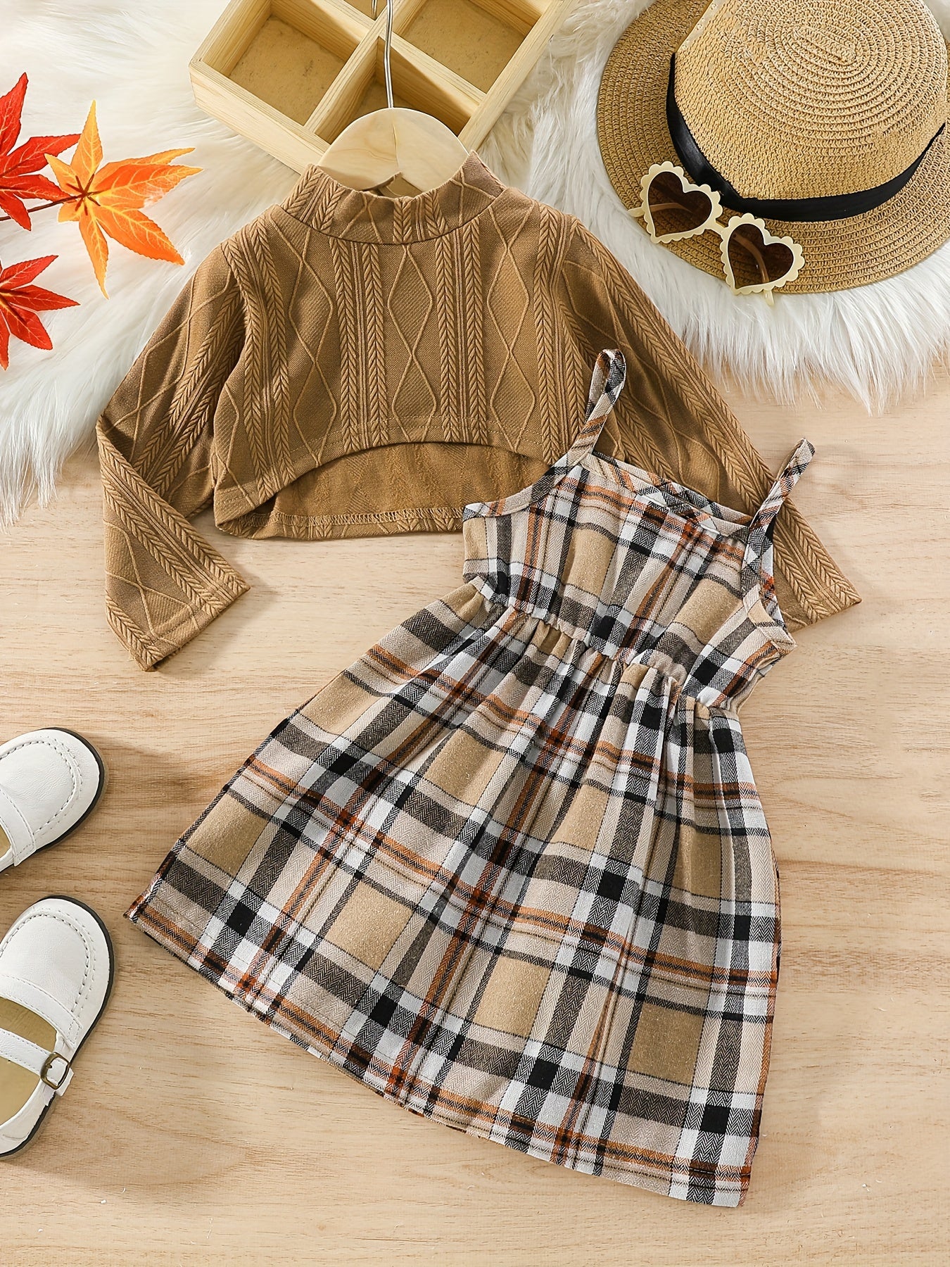 Girls Plaid Knit Skirt Set Asymmetric Long Sleeve Top