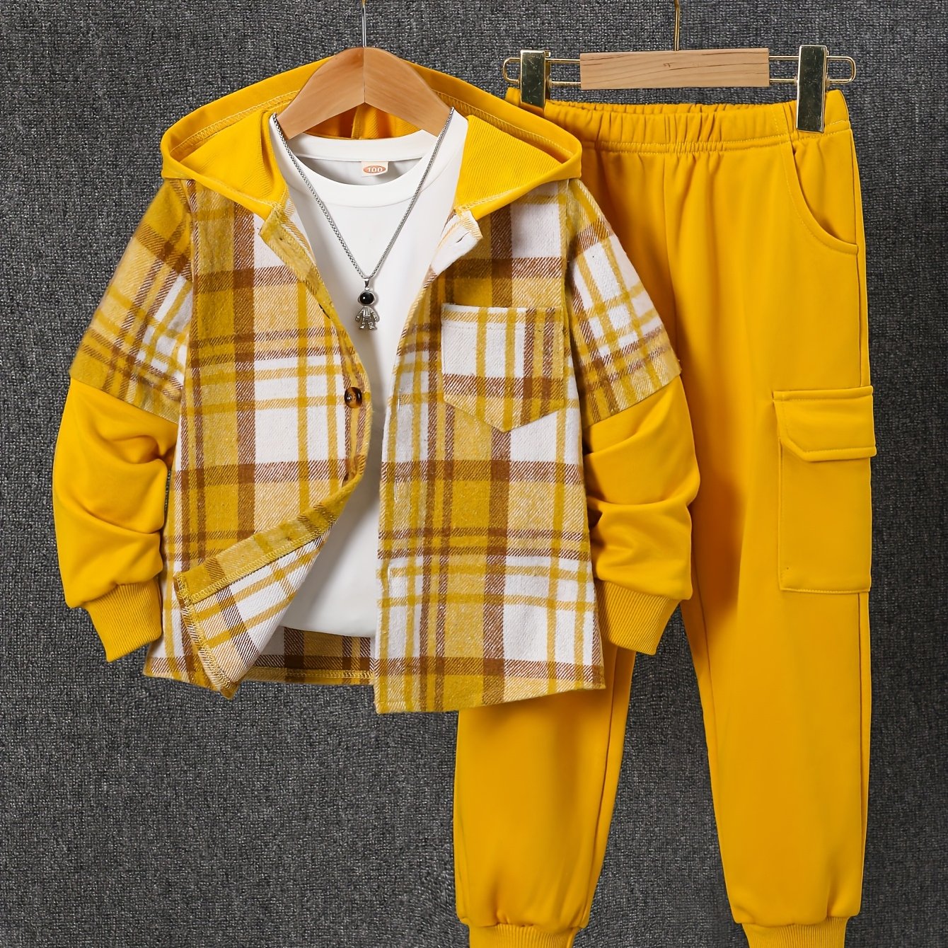 2pcs Fall And Winter Boys Long Sleeved Plaid Cardigan Suit Hooded Jacket And Fashion Work Pants