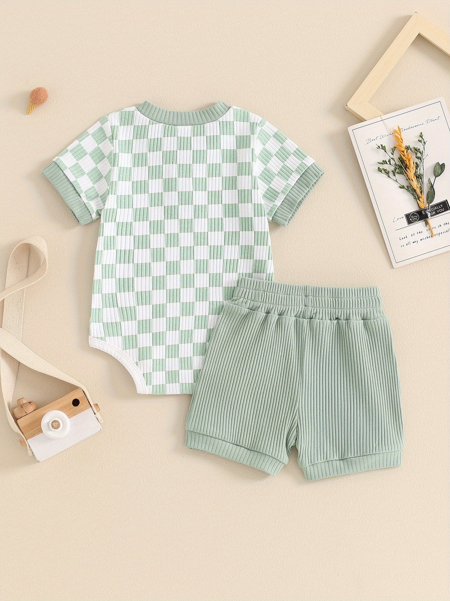 Baby Boys Summer Outfits Checkerboard Buttons Short Sleeve Romper And Shorts 2pcs Clothes Set For Outdoor