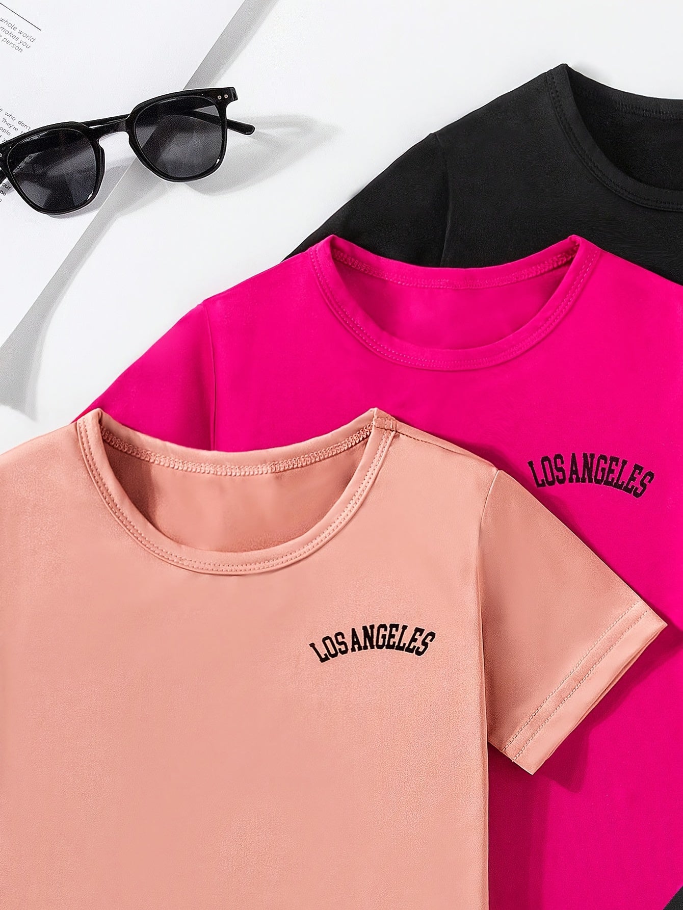 3 Sets Toddler Girls Outfits Los Angeles Letter Print Short Sleeve T Shirt Tops Casual Shorts Set Comfy Versatile Summer Sets