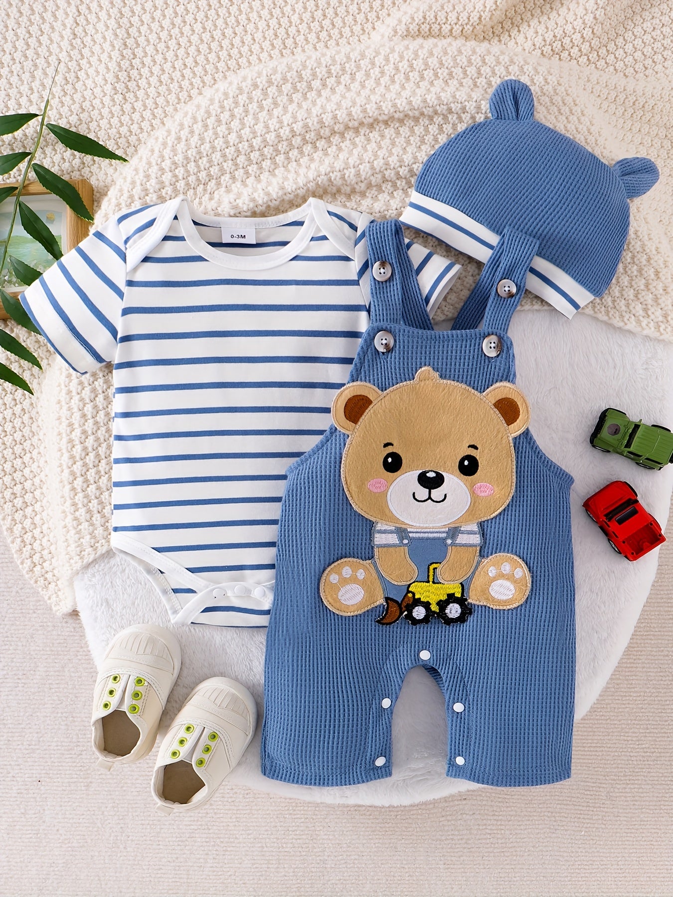 Baby Boy Clothes Short Sleeved Cute Cartoon Romper Shorts And Hat Overalls Suspender Set For Boys 0 To 18 Months Outdoor Use