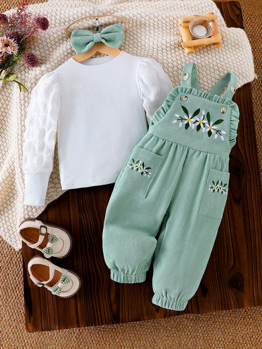 Baby Girl Floral Embroidered Romper Set Mint Green White