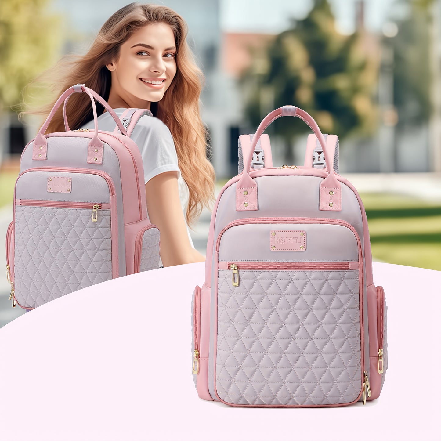 High Quality Pink Quilted Diaper Backpack with Zipper Pockets for Moms Hospital Bag Travel Essentials Stylish Casual Polyester Fabric