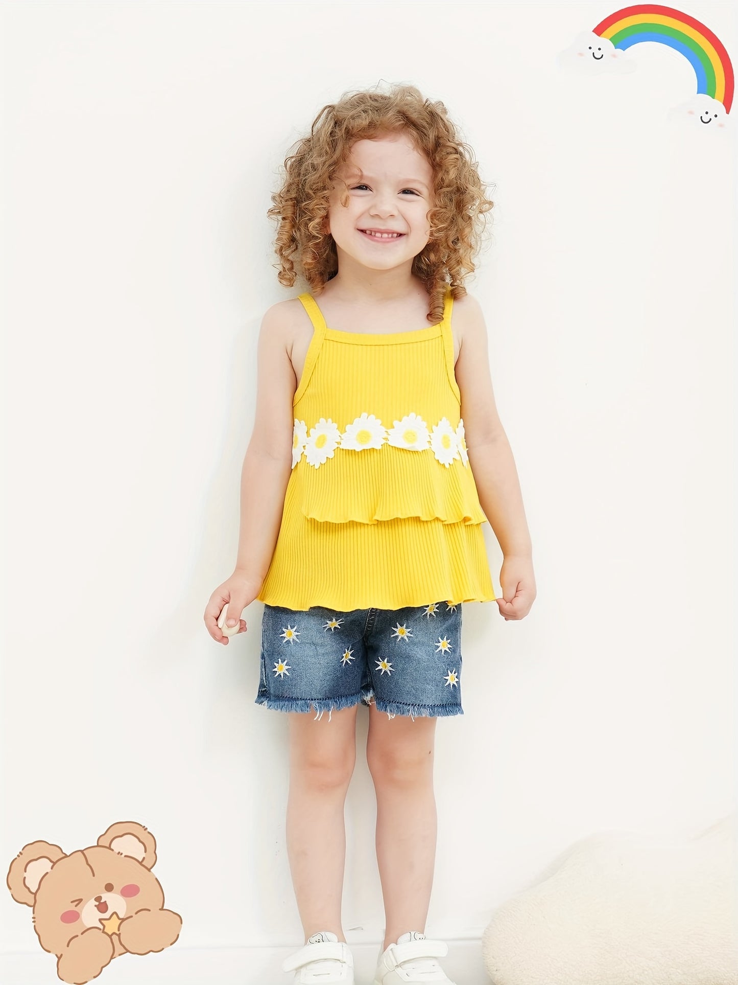 Ruffle Girl Summer Ruffle Floral Toddler Girls Clothes Sleeveless Tops Denim Shorts Set