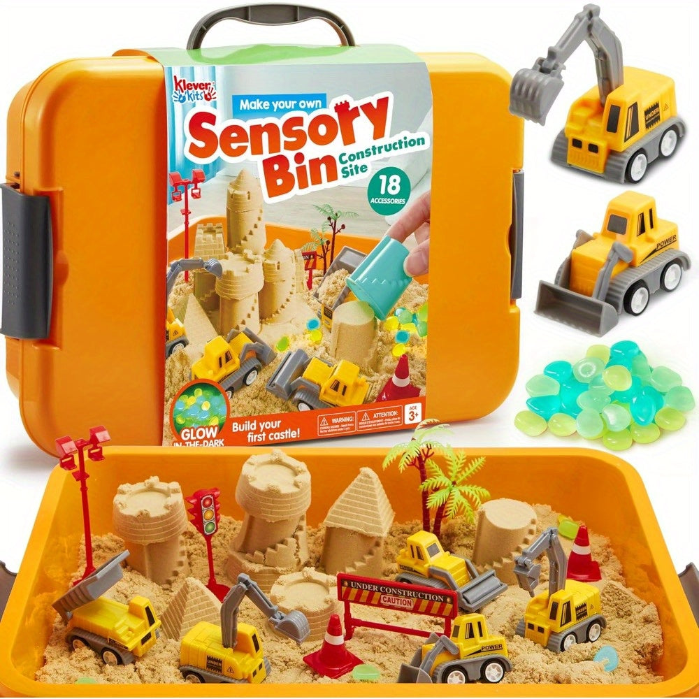 DIY Construction Sensory Bin for Toddlers with Glow in The Dark Stones Sandbox with Lid Castle Building Kit Preschool Learning Activities Gifts for Boys and Girls Age 3 and Up