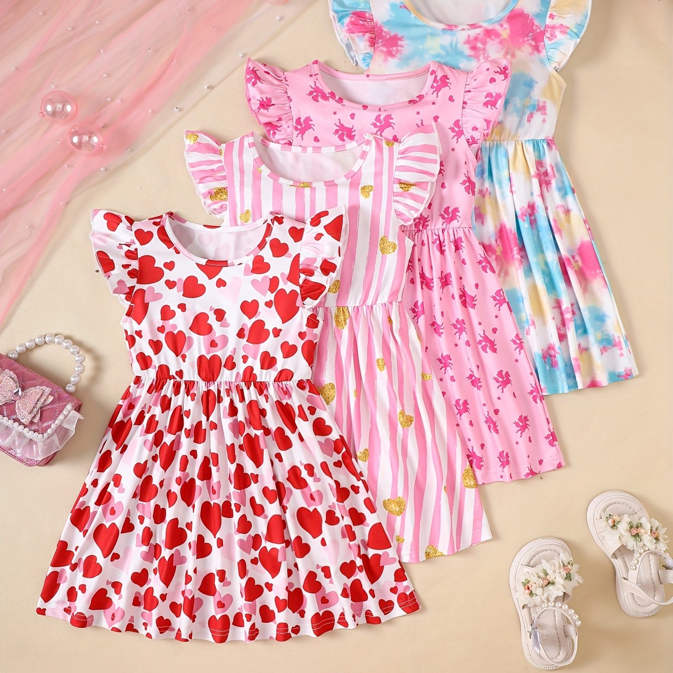 4pcs Summer Girl Printed Dress Casual Spring and Summer Trendy Versatile Dress for Little Girls