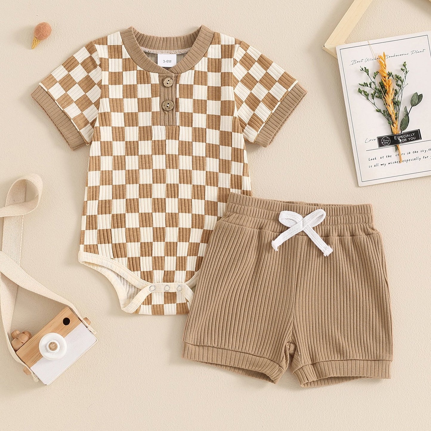 Baby Boys Summer Outfits Checkerboard Buttons Short Sleeve Romper And Shorts 2pcs Clothes Set For Outdoor