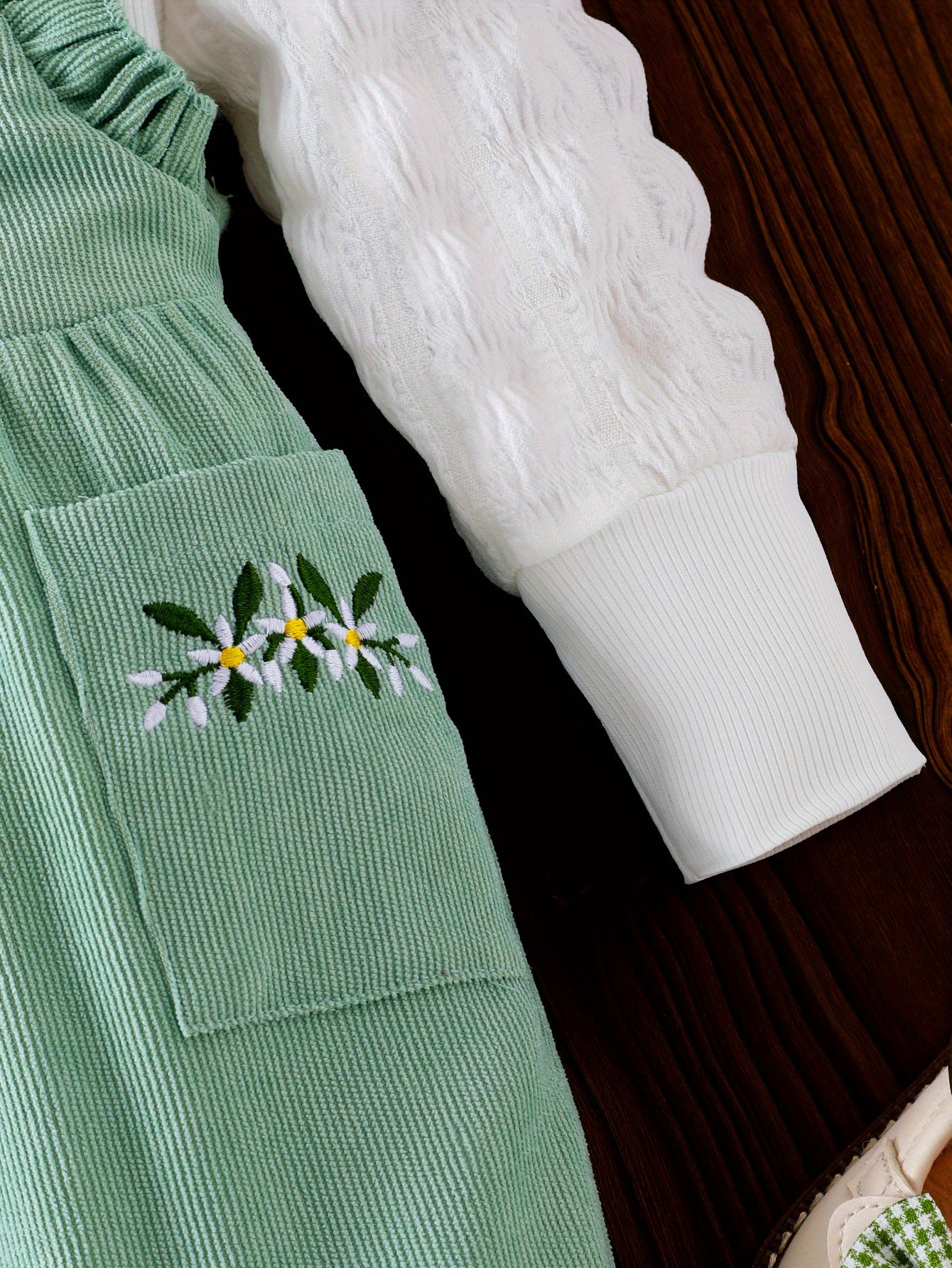 Baby Girl Floral Embroidered Romper Set Mint Green White