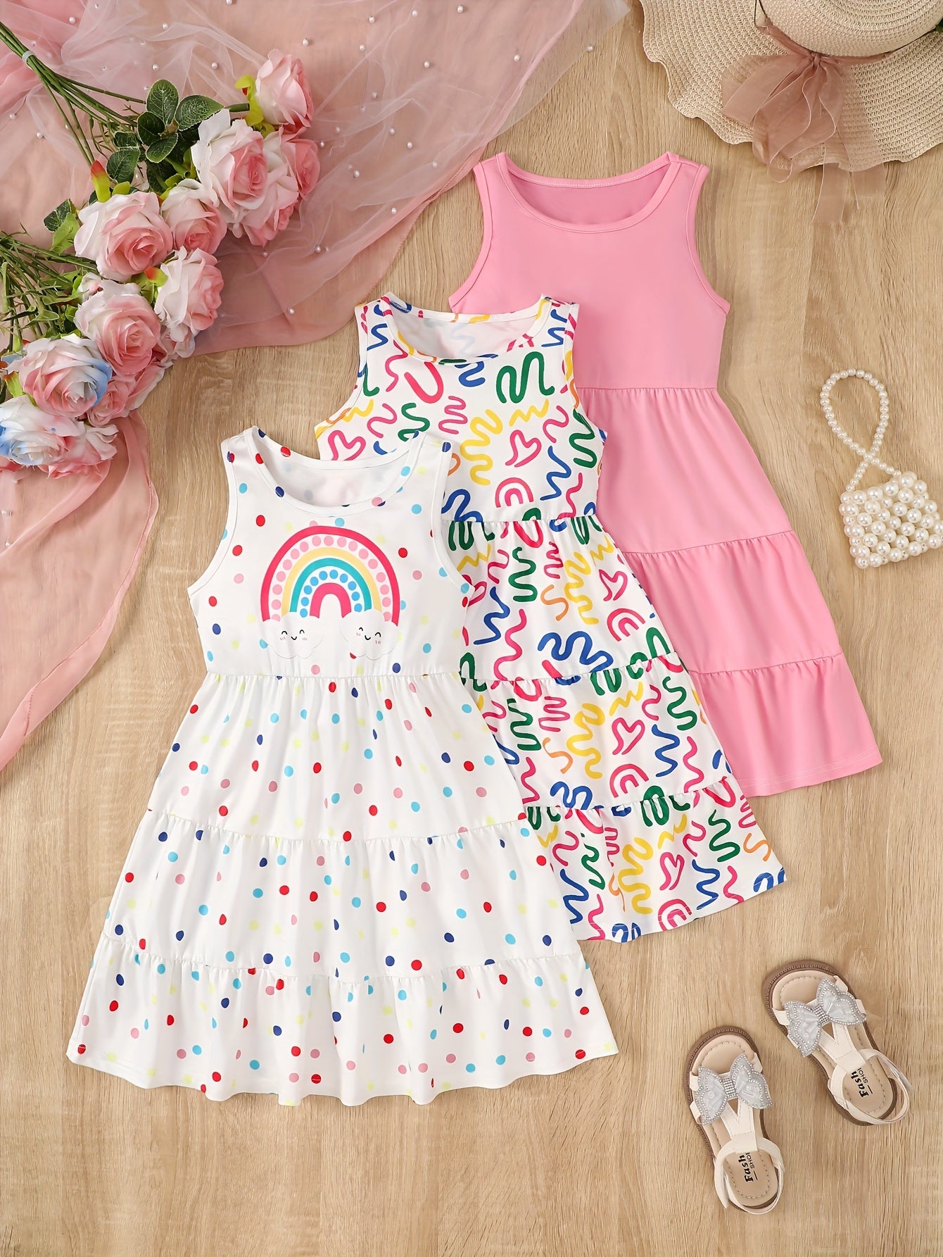 3 Pack Summer Girls Sleeveless Dresses Easter Holiday Gift Party Chic Peplum Casual Dresses for Kids