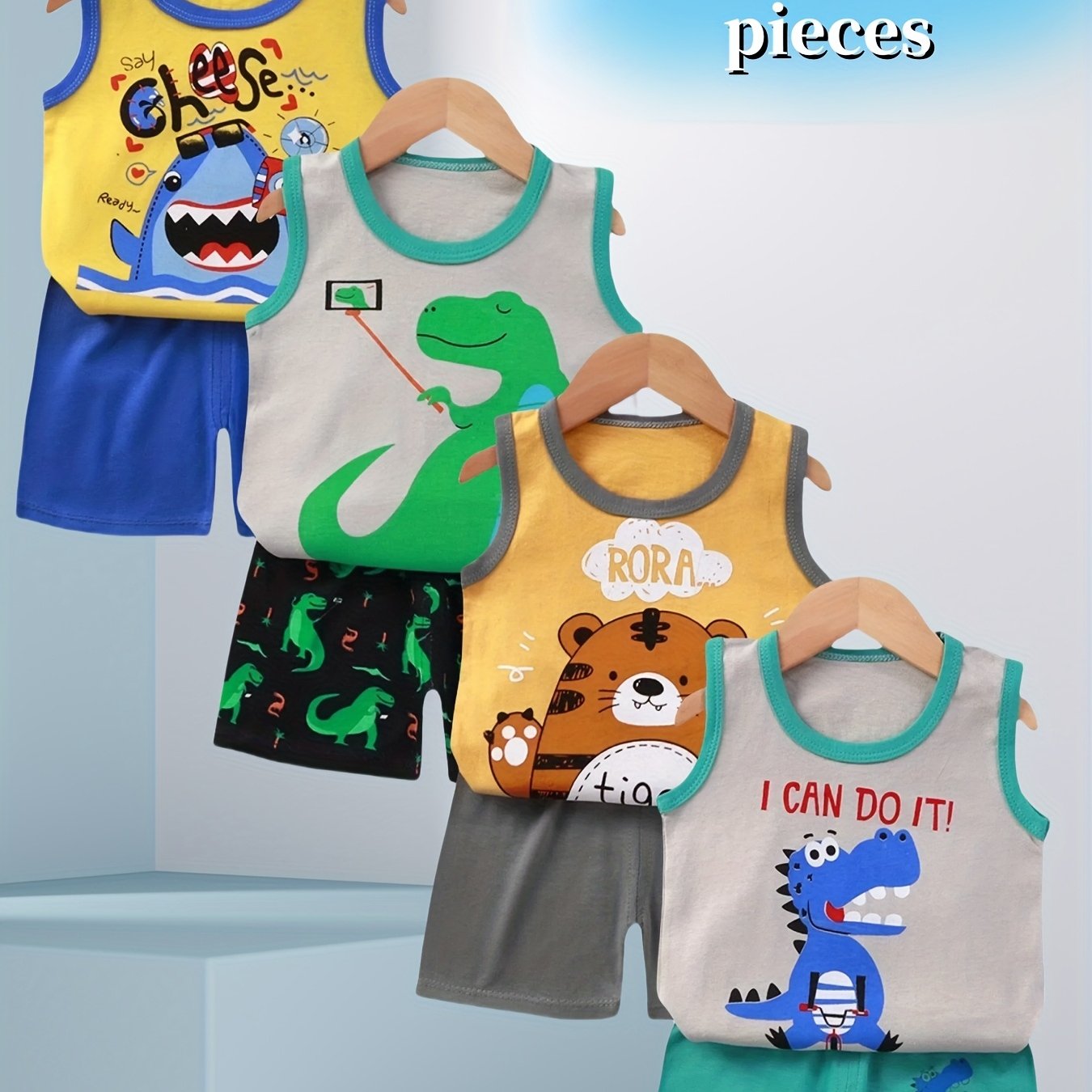 4 Sets Of 8pcs Boy Cartoon Tiger Dinosaur Shark Pattern Vest Shorts Suit Comfortable Soft Breathable For Summer Outdoor Sports