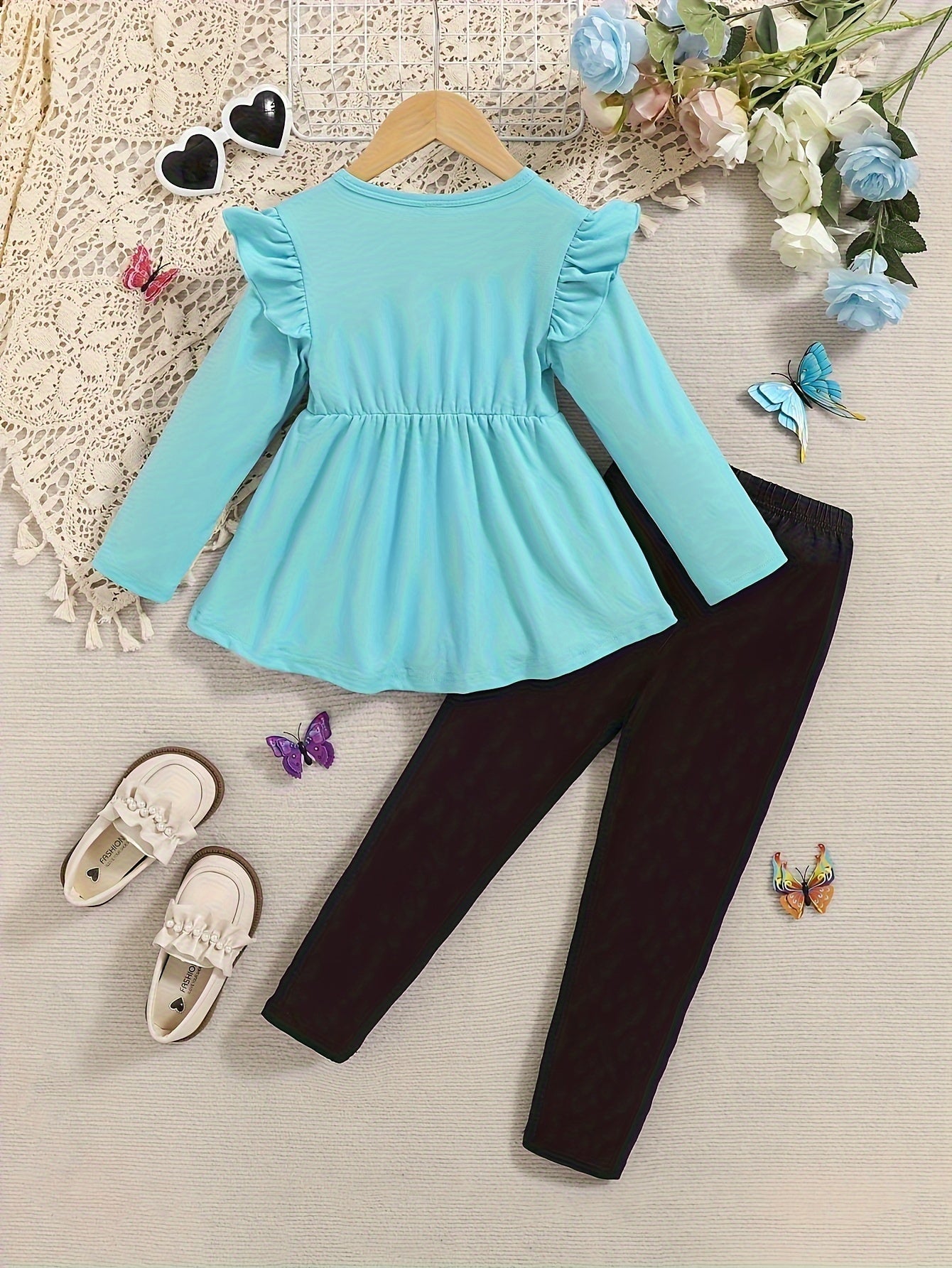 ' 2pcs Cozy Knit Outfit Set - Turquoise Blue Ruffled Collar Top & Black Butterfly Print Pants with Elastic Waist, Soft Warm Winter Clothes, Machine Washable for Fall/Winter Outdoor Play & Casual Attire, Casual Outfits for Coo