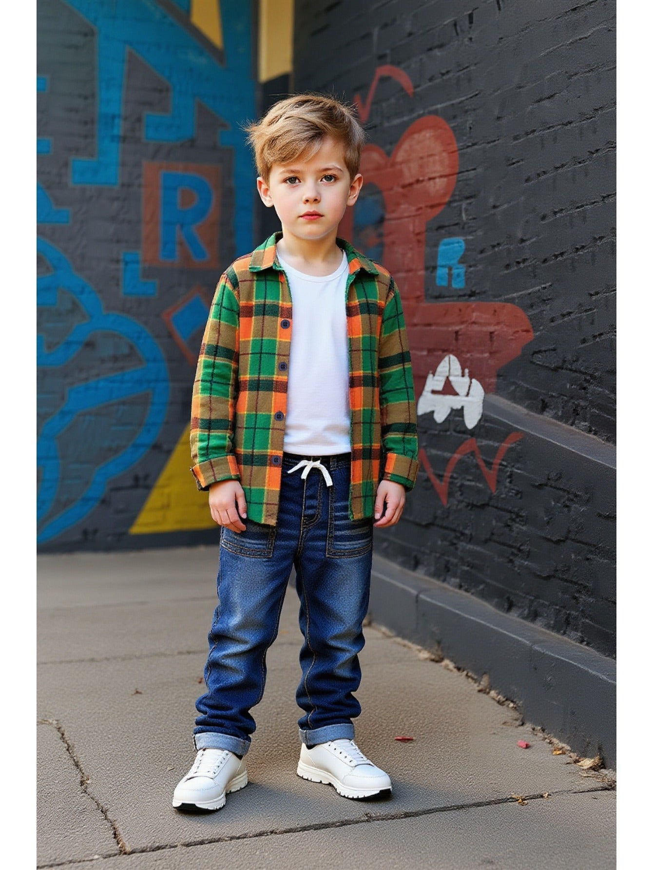 Boys Plaid Button Down Shirt And Denim Two Piece Set