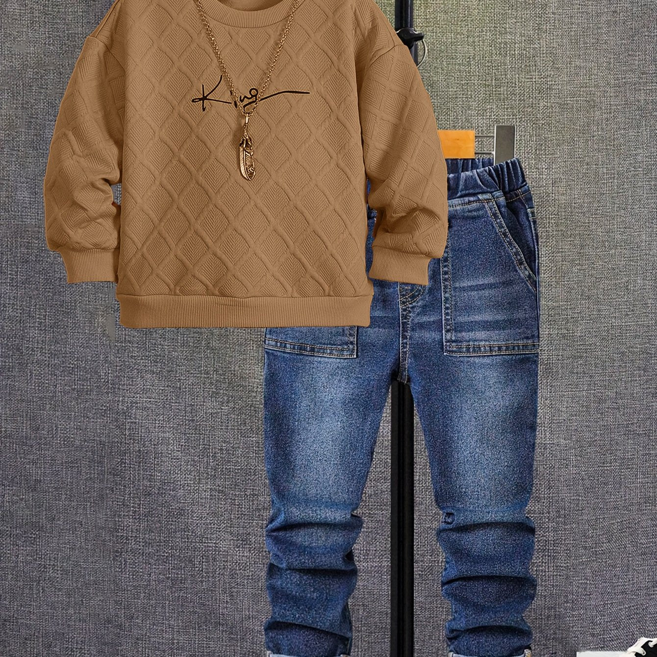 Boys Long Sleeve Orange Round Neck Sweatshirt Two Piece Set