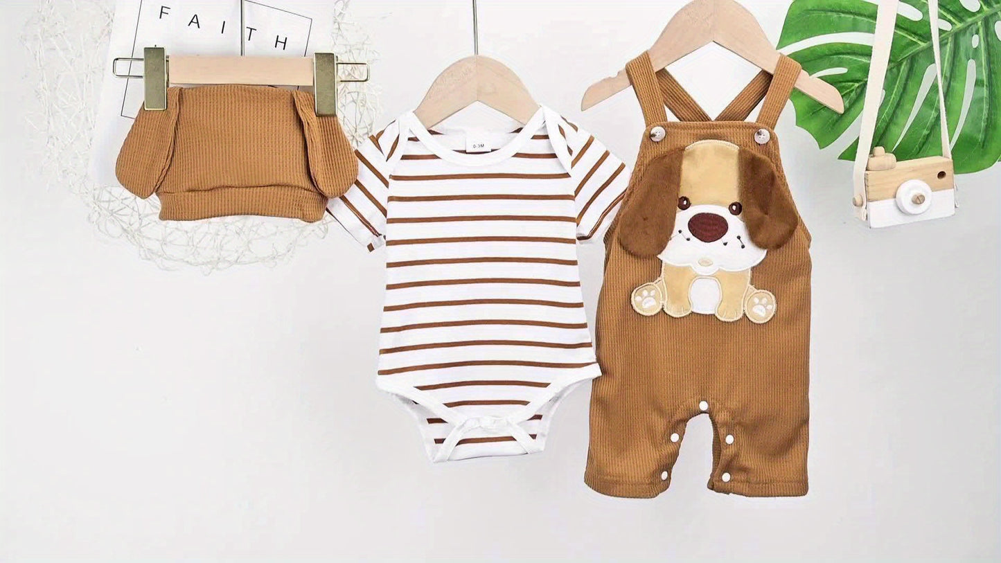 Baby Boy Clothes Short Sleeved Cute Cartoon Romper Shorts And Hat Overalls Suspender Set For Boys 0 To 18 Months Outdoor Use