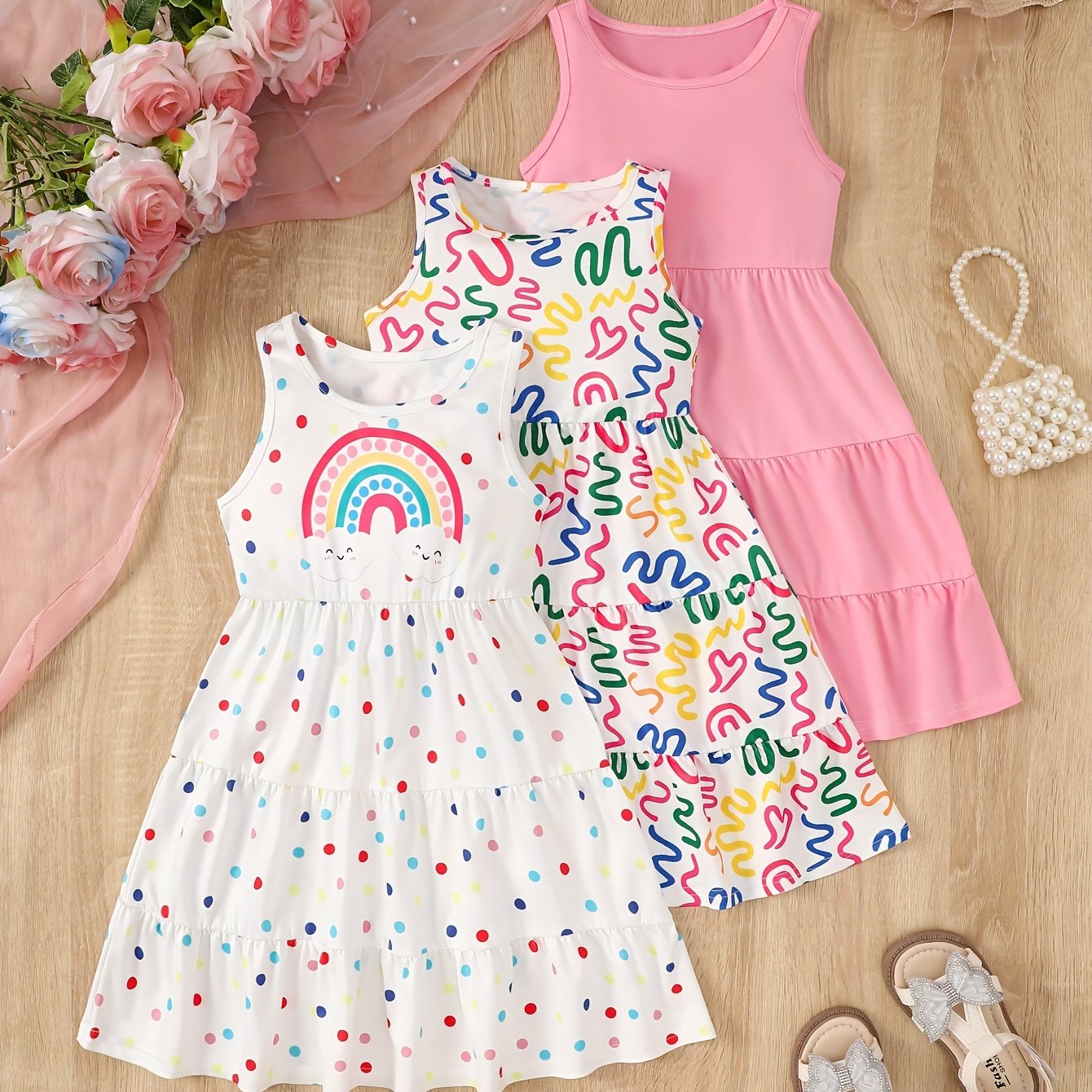 3 Pack Summer Girls Sleeveless Dresses Easter Holiday Gift Party Chic Peplum Casual Dresses for Kids