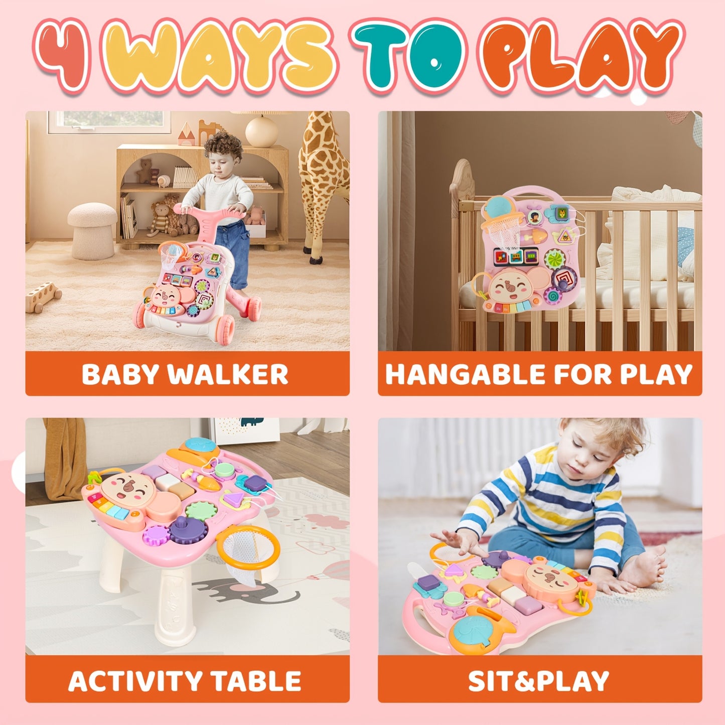 5 in 1 Baby Walker with Music Sit to Stand Early Learning Balance Bike Push Walker Movable Table Detachable Panel for Boys and Girls Ages 12 to 36 Months