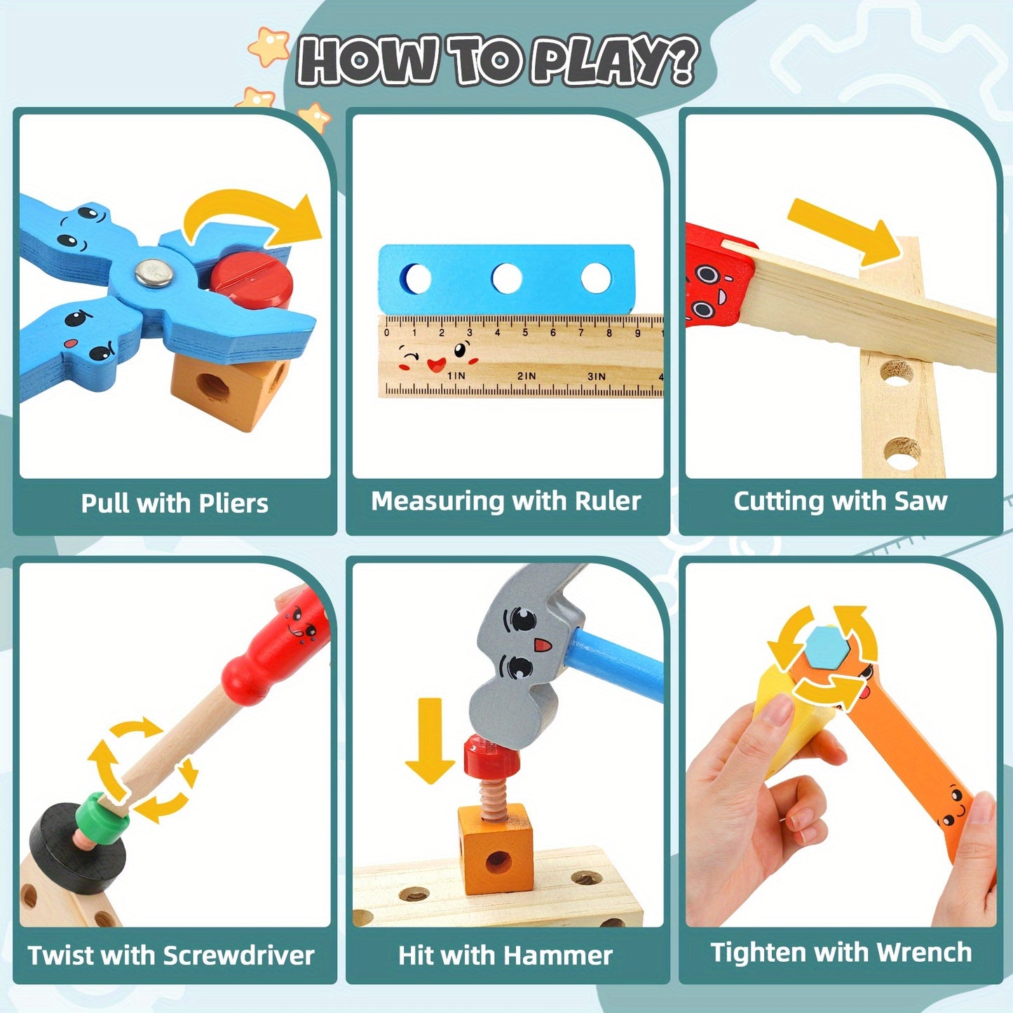 Wtoy Wooden Toolbox Educational Building Blocks Set for Youngsters Fine Motor Skill Development Parent Child Interactive Play Ideal Holiday Gift for Christmas and Kids Day