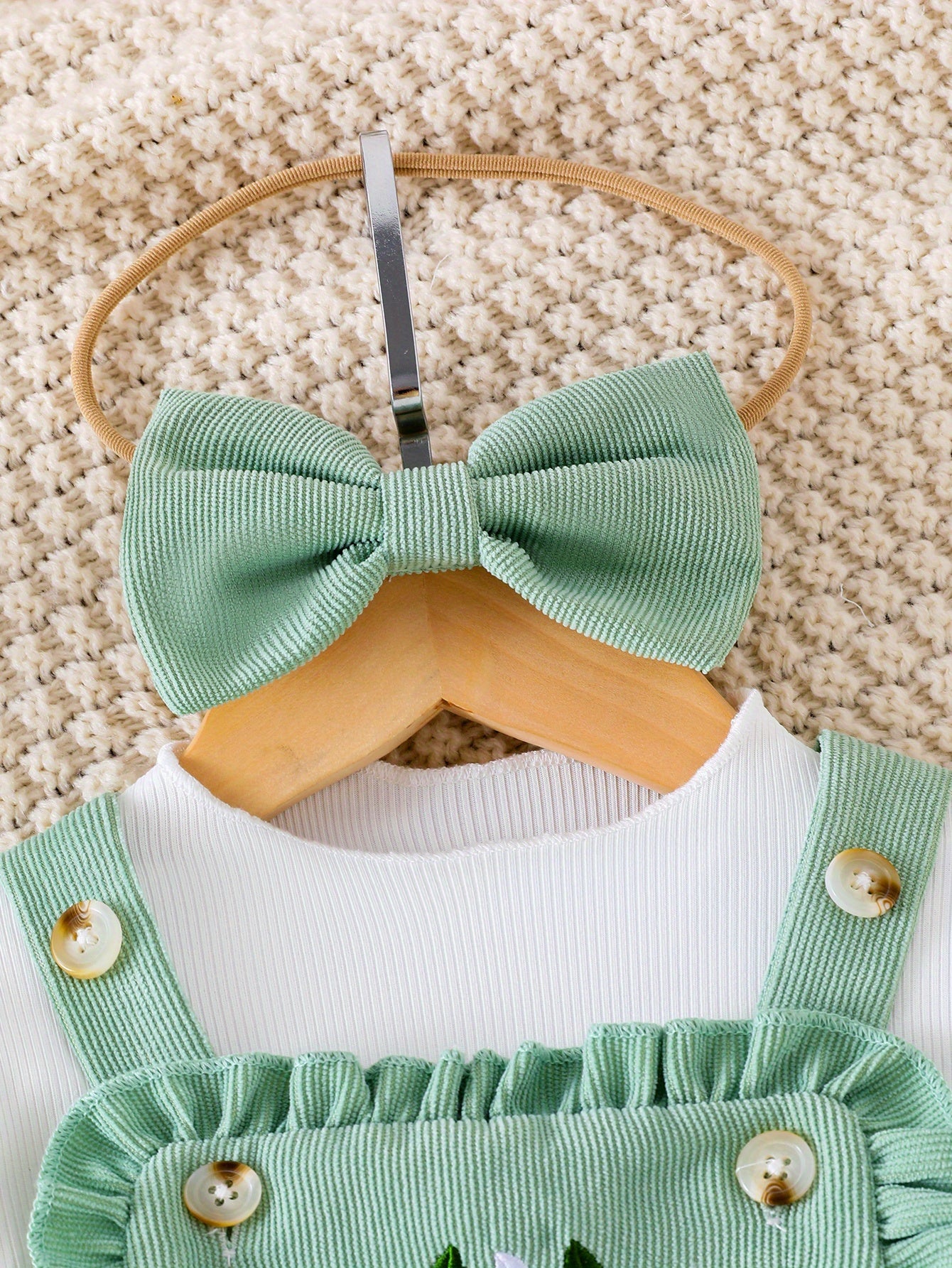 Baby Girl Floral Embroidered Romper Set Mint Green White