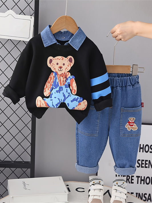Boys' Denim Overalls with Cartoon Bear Print - Loose Fit Casual Spring/Fall Outfit, Matching Denim Pants & Black Sweater, Perfect for Outdoor Play, Bear Clothes, Perfect for Outdoor