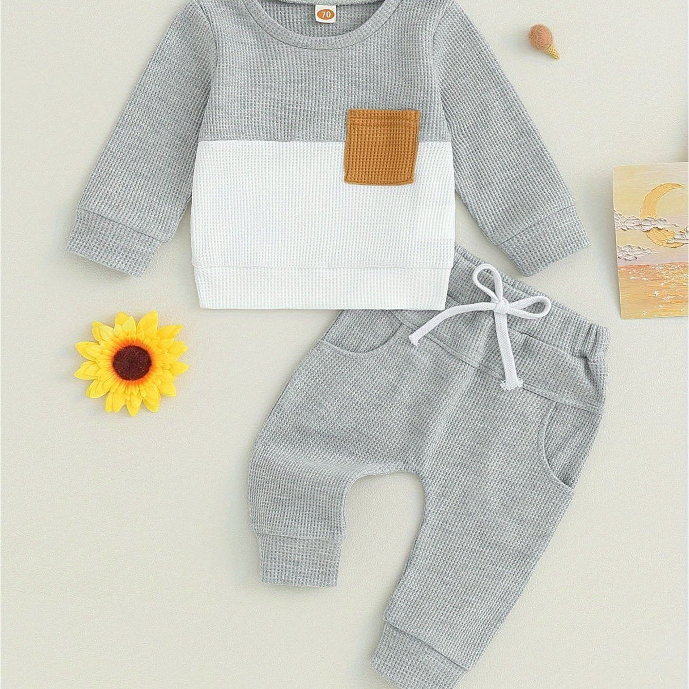 Toddler Baby Boys Pants Set, Long Sleeve Crew Neck Contrast Color Sweatshirt Elastic Waist Sweatpants Infant Clothes