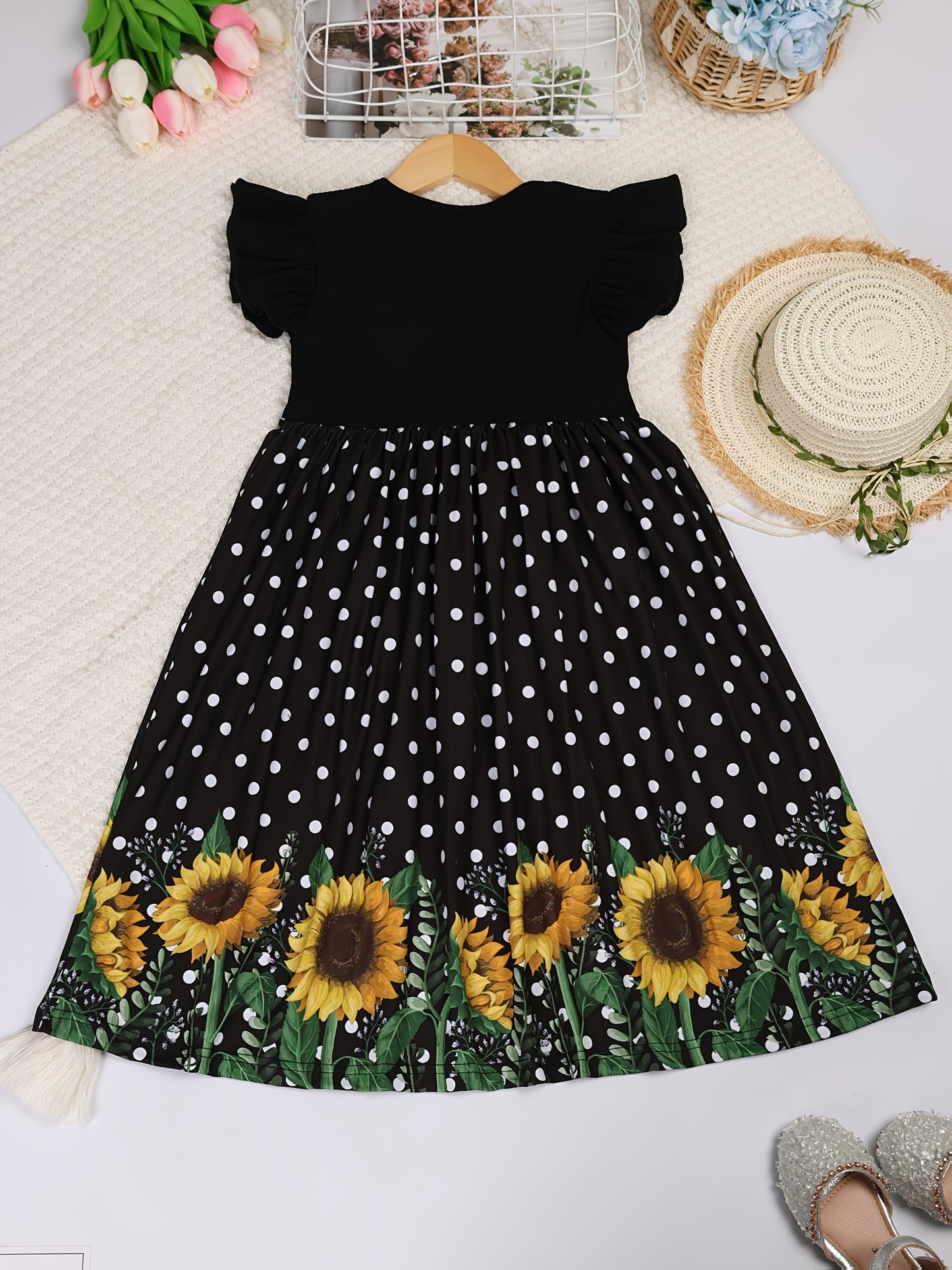 Girls Summer Sunflower Print Dress with Ruffled Sleeves Black and Yellow Floral Pattern Casual Crew Neck Mid Calf Length Fitted Top and Flared Skirt Breathable Polyester Machine Washable